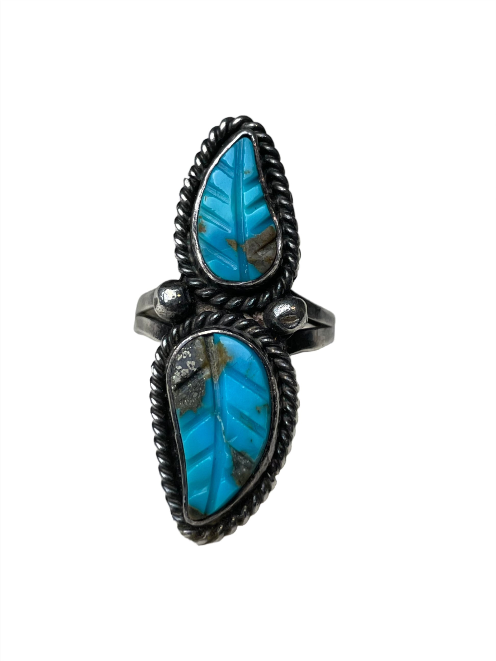 Vintage Bisbee Turquoise Double Leaf Sterling Silver Ring Sz 7