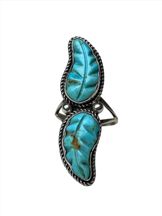 Carved Kingman Turquoise Sterling Silver Ring Sz 8 1/2