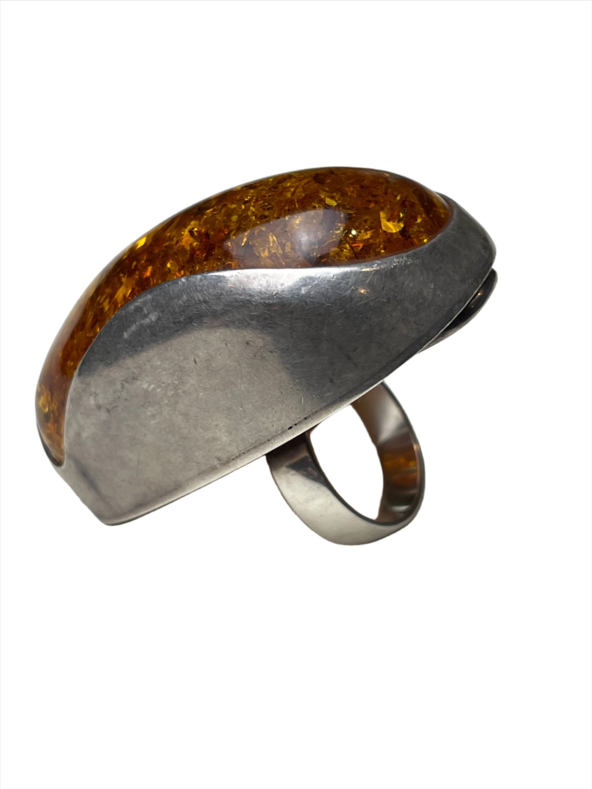 Giant Honey Amber Sterling Ring Sz 7 1/4