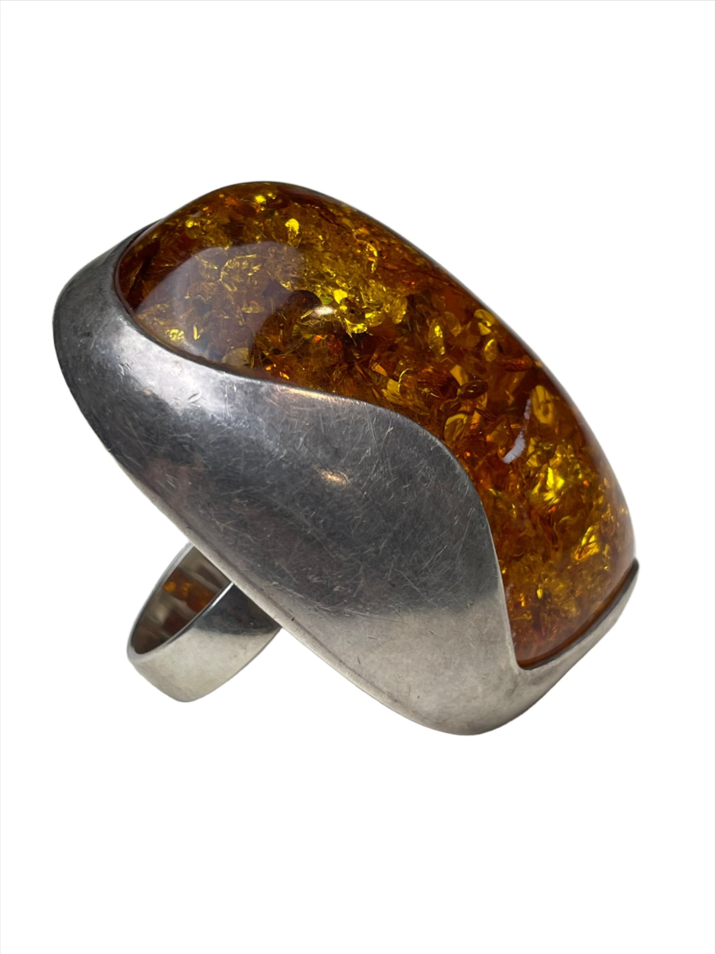 Giant Honey Amber Sterling Ring Sz 7 1/4