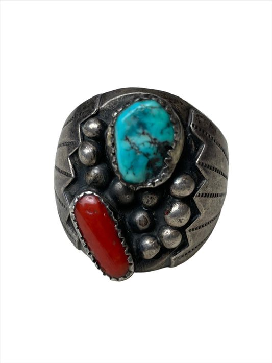 Vintage Turquoise & Coral Sterling Men's Ring Sz 12 1/2