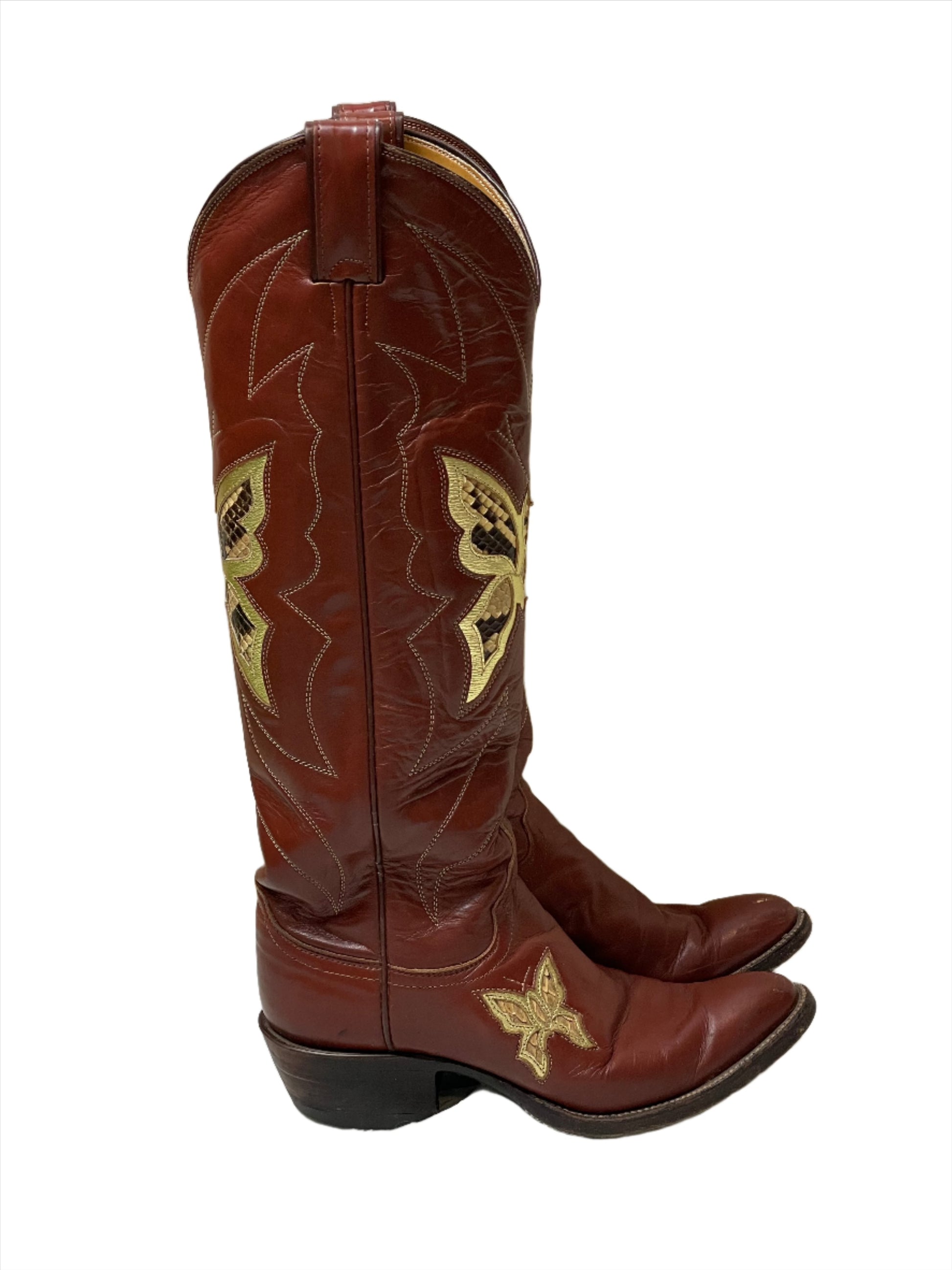 '70s Vintage Justin Butterfly Boots w/Snakeskin Inlay Sz 6B