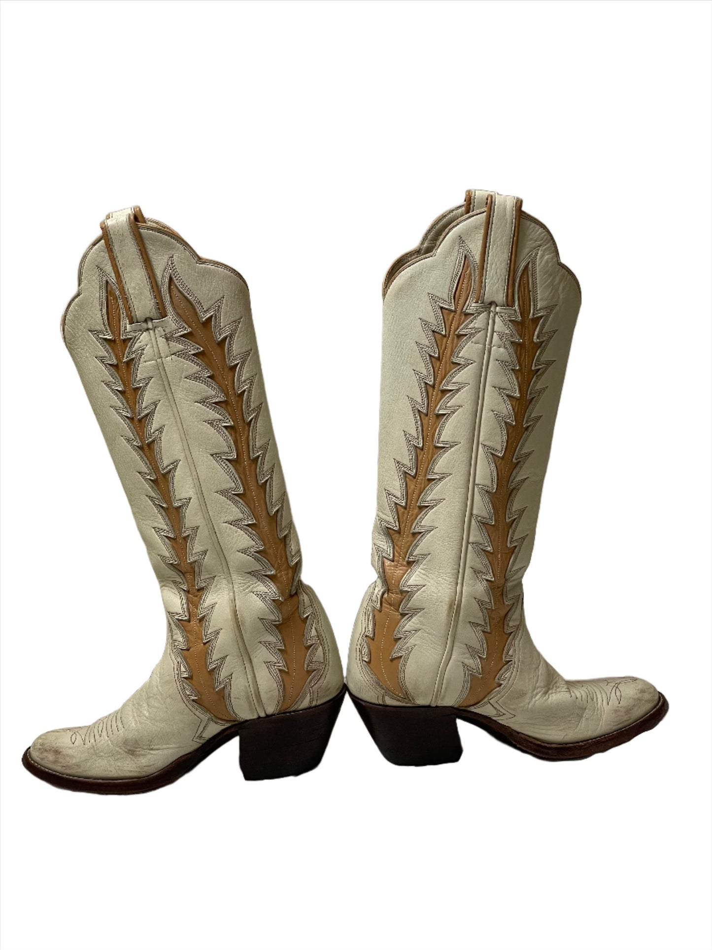 Vintage Custom Wm's Tall White & Tan Inlay Boots Sz 5 1/2