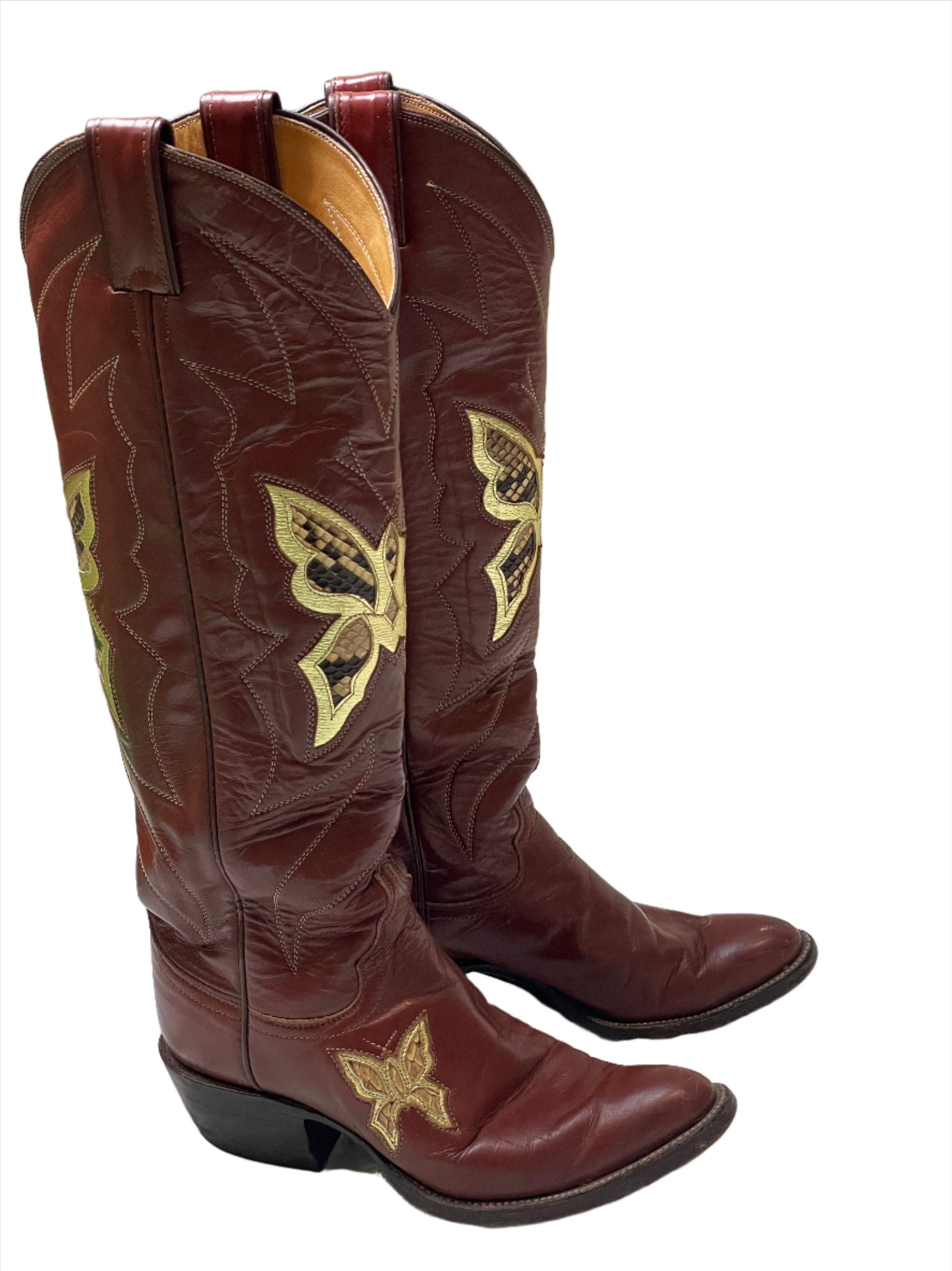 '70s Vintage Justin Butterfly Boots w/Snakeskin Inlay Sz 6B