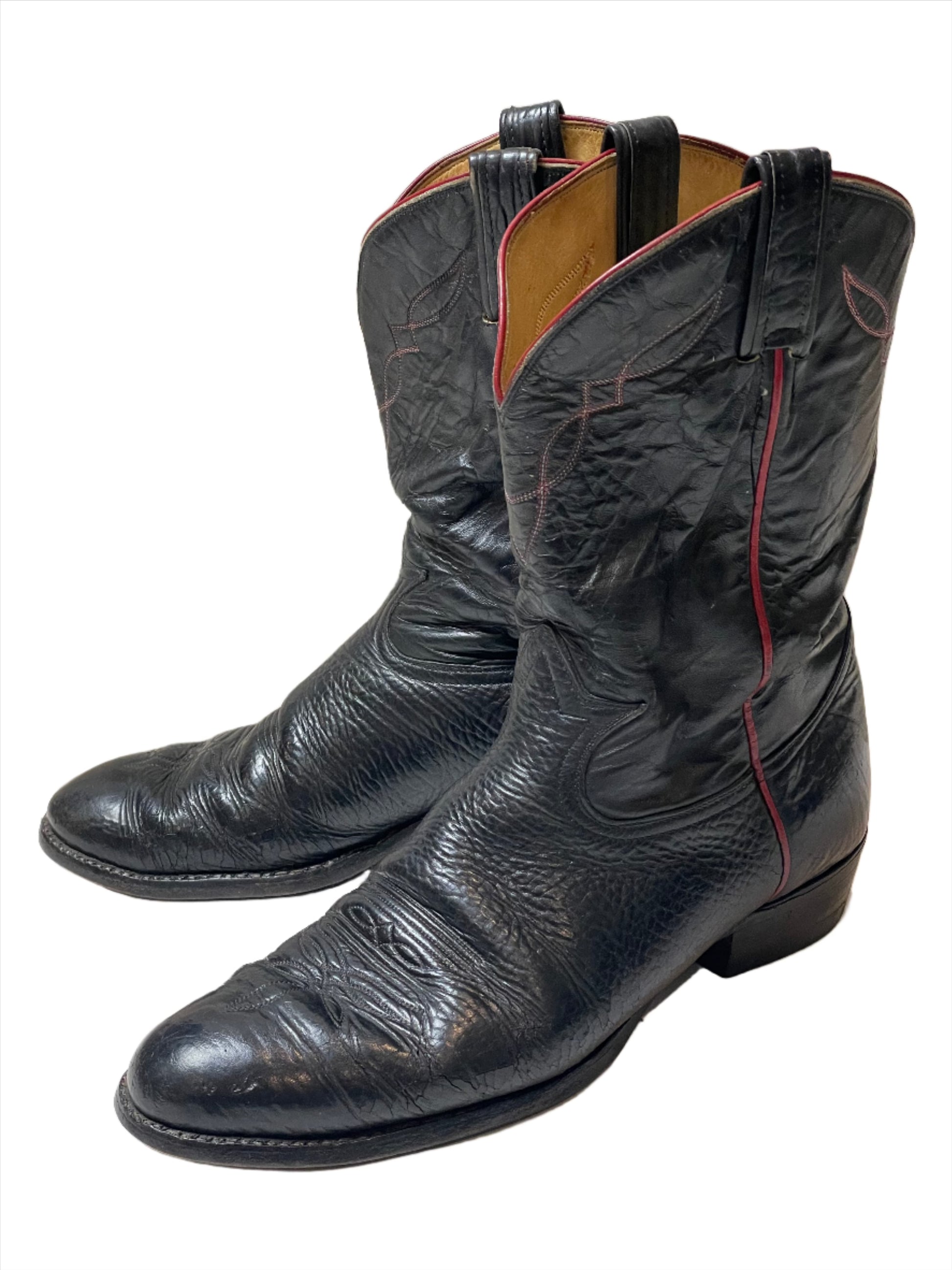 '80s Vintage Tony Lama Black Roper Boots w Red Piping Sz 11D