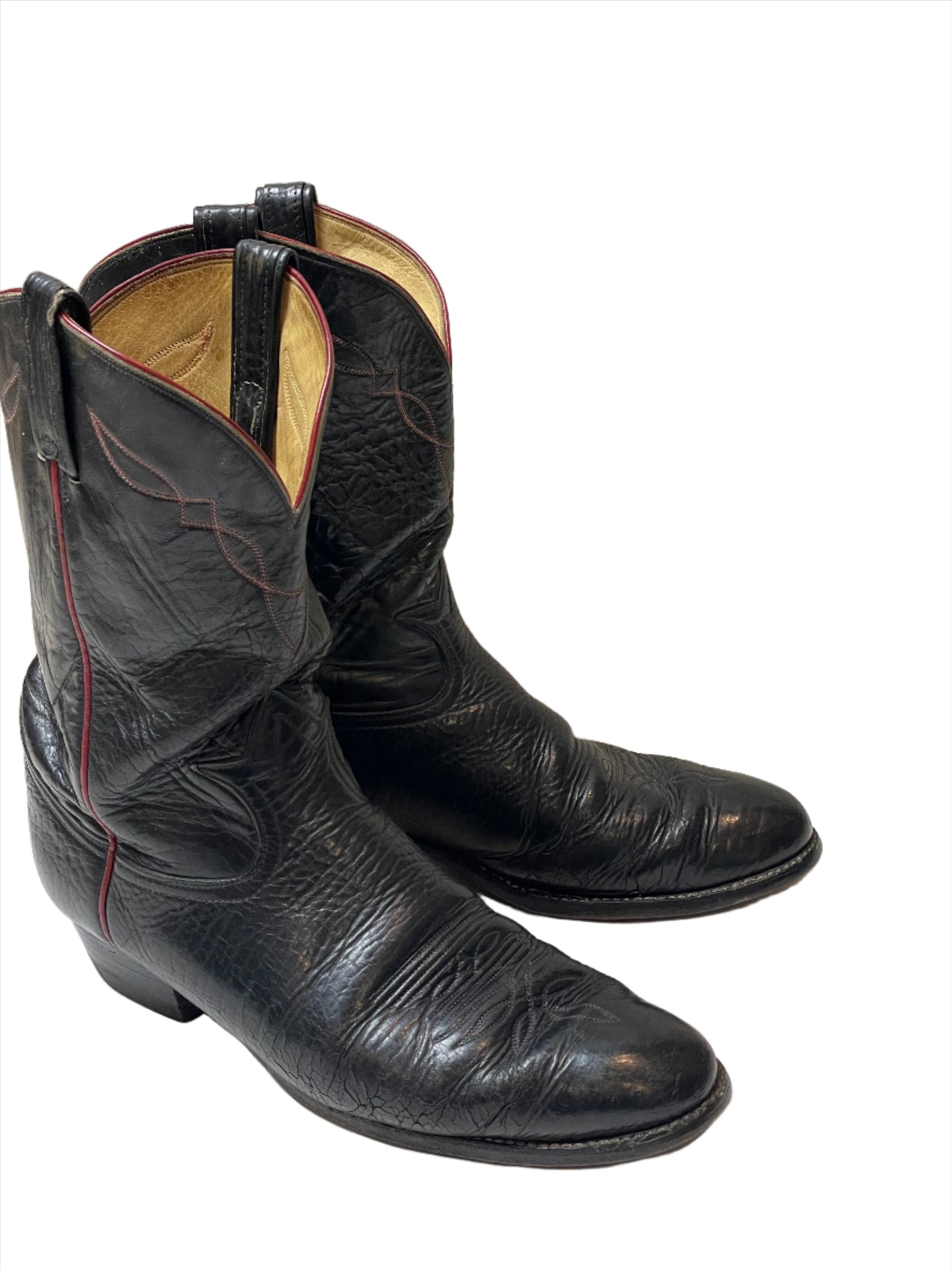 '80s Vintage Tony Lama Black Roper Boots w Red Piping Sz 11D