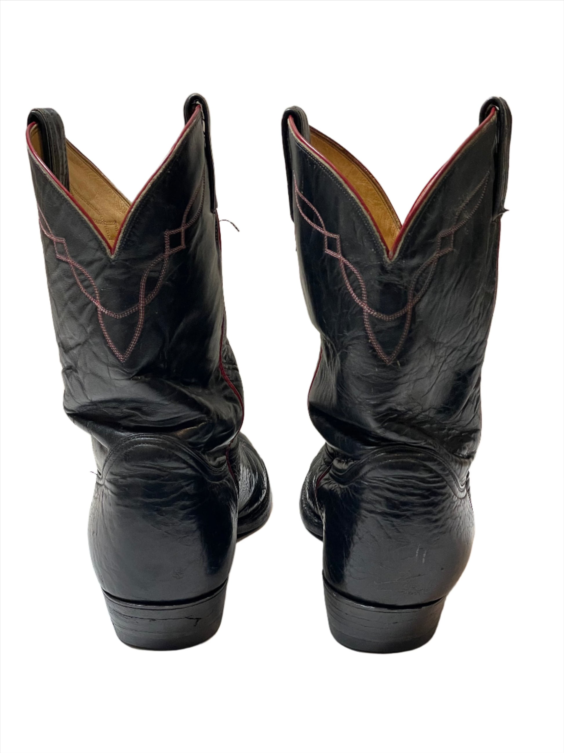 '80s Vintage Tony Lama Black Roper Boots w Red Piping Sz 11D