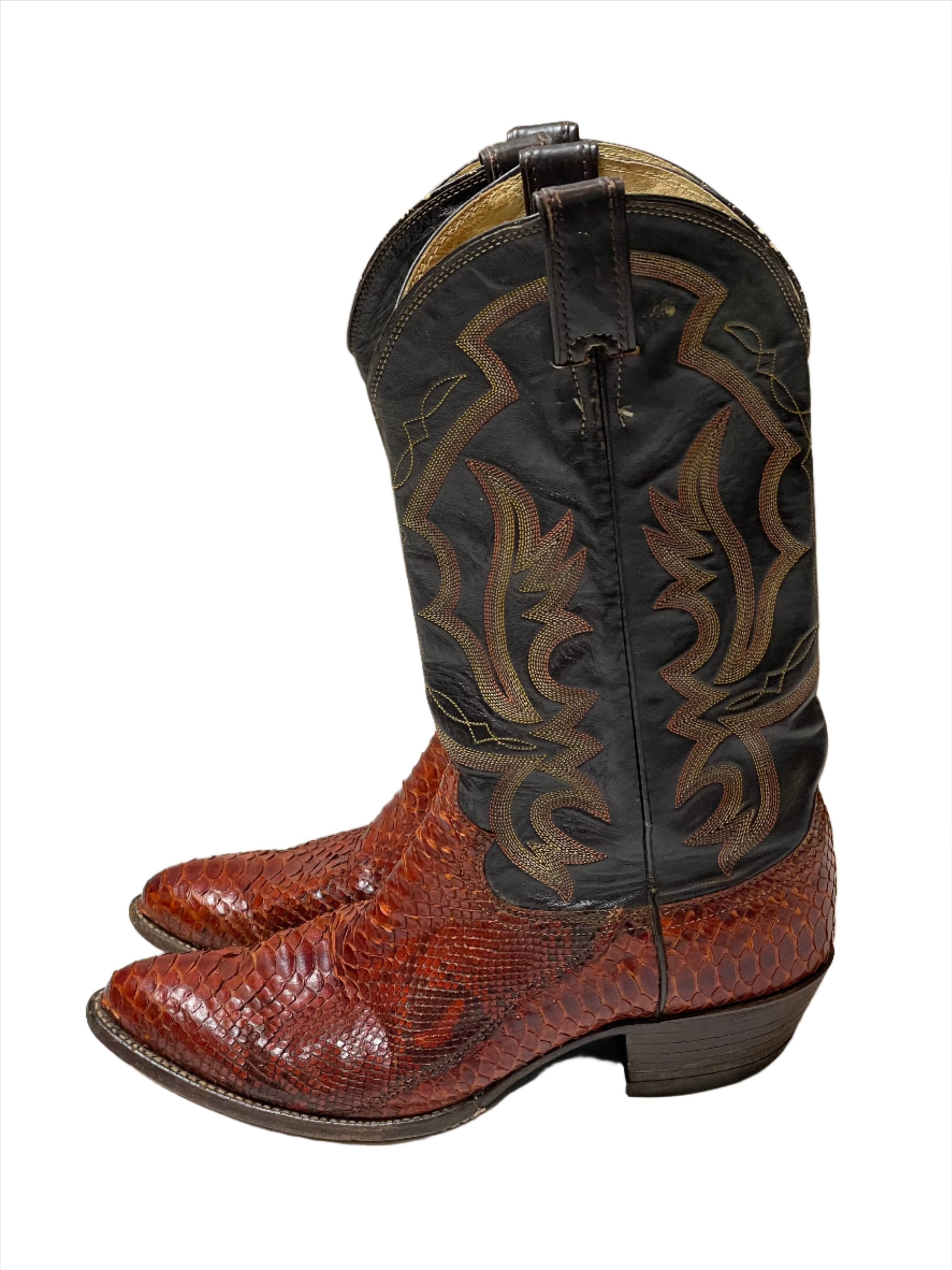 '80s Vintage Justin's Black & Cognac Snakeskin Boots Sz 10 1/2D