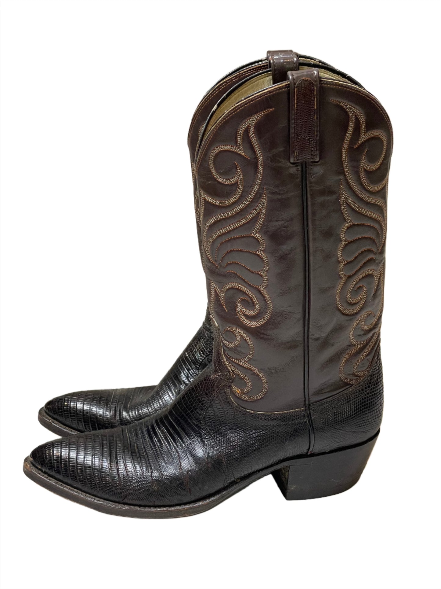 '84 Vintage Dan Post Black & Brown Lizard Boots Sz 11 1/2A