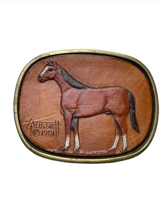 '81 Vintage Purnell Solid Brass & Leather Horse Belt Buckle