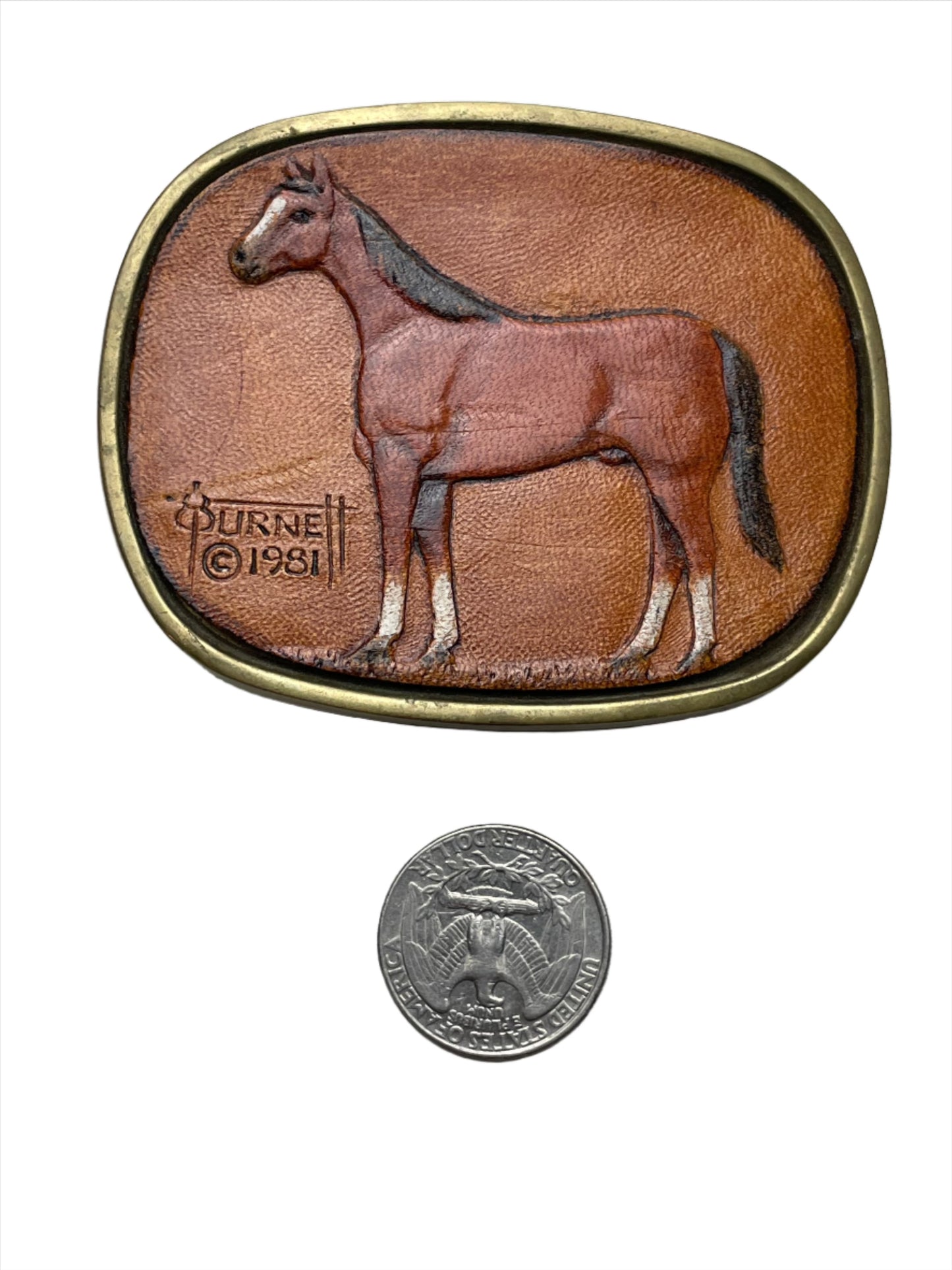 '81 Vintage Purnell Solid Brass & Leather Horse Belt Buckle