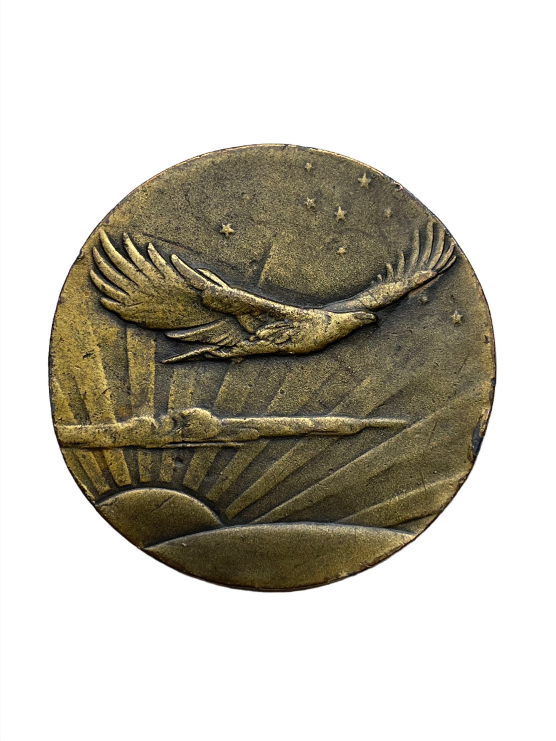 Vintage Round Brass Eagle Sunset Scene Belt Buckle