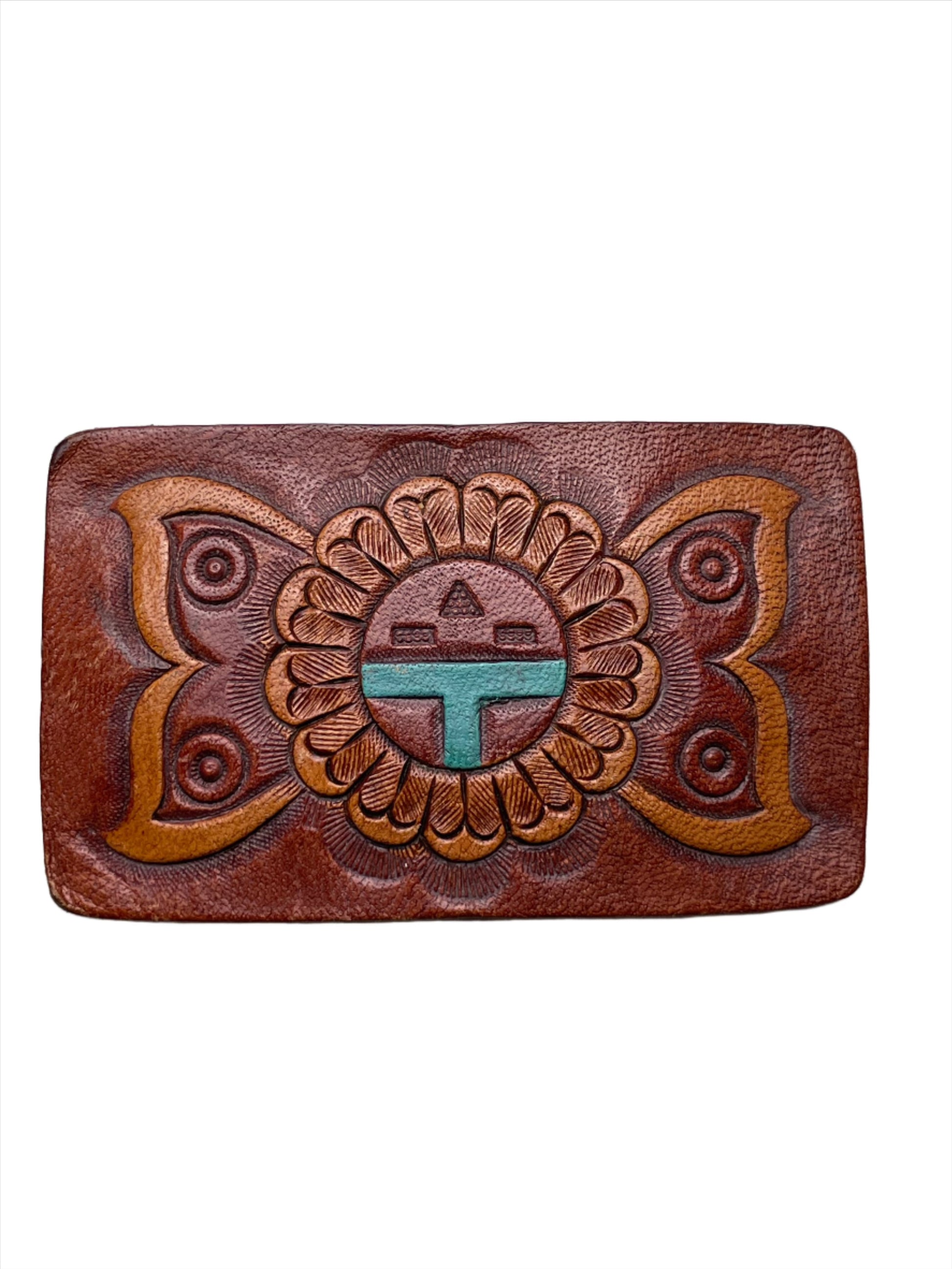 Vintage Tooled Leather Hopi Butterfly Buckle