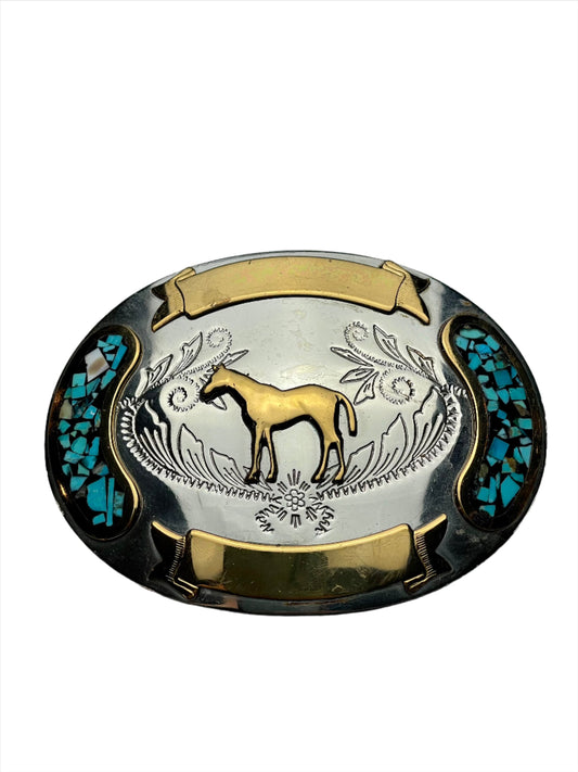 '70s Vintage German Silver/Gold & Turquoise Inlay Horse Belt Buckle