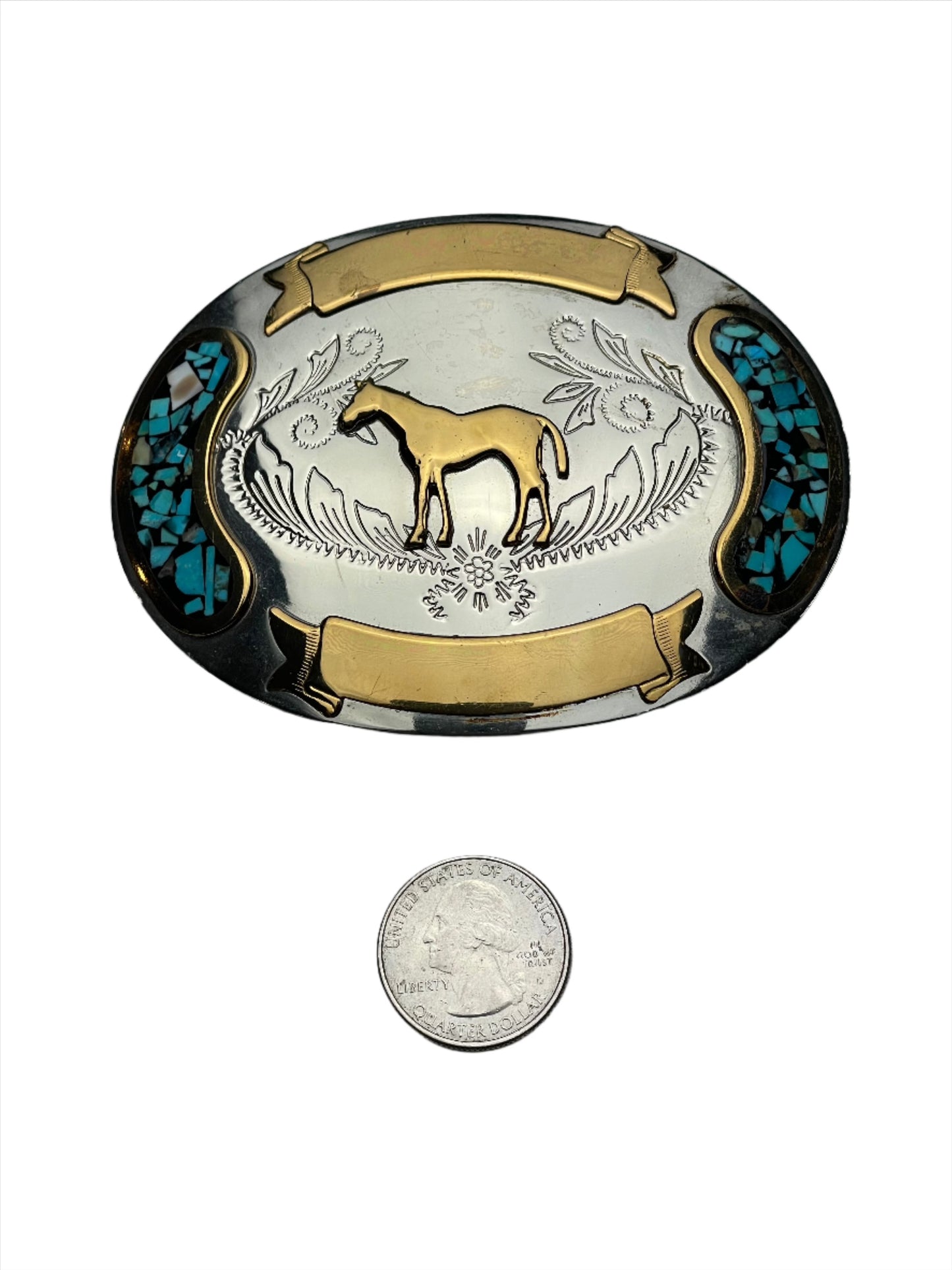 '70s Vintage German Silver/Gold & Turquoise Inlay Horse Belt Buckle