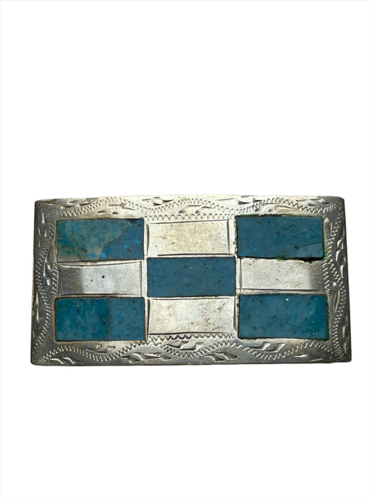 Vintage Sterling Silver & Turquoise Inlay Checker Buckle