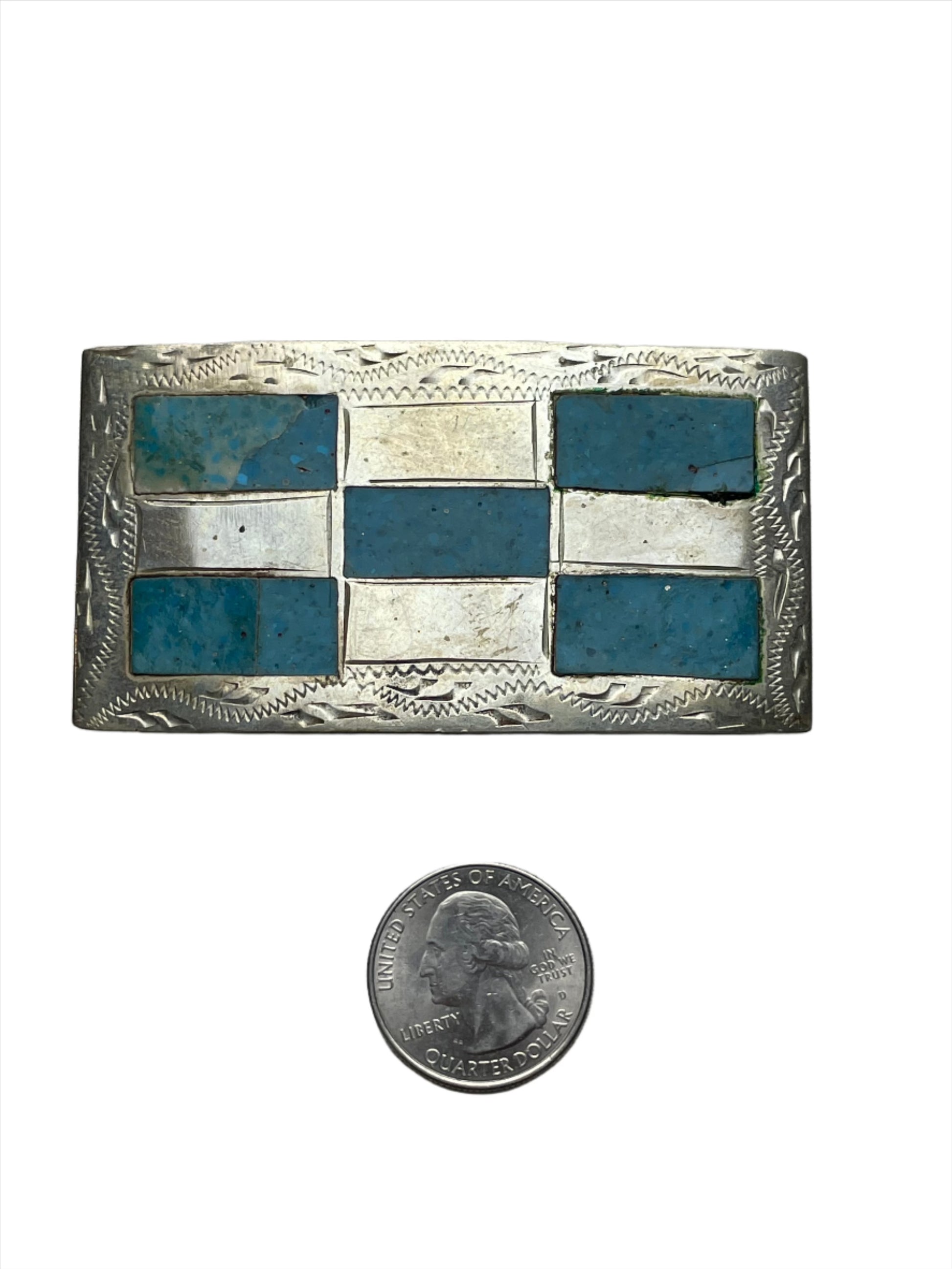 Vintage Sterling Silver & Turquoise Inlay Checker Buckle