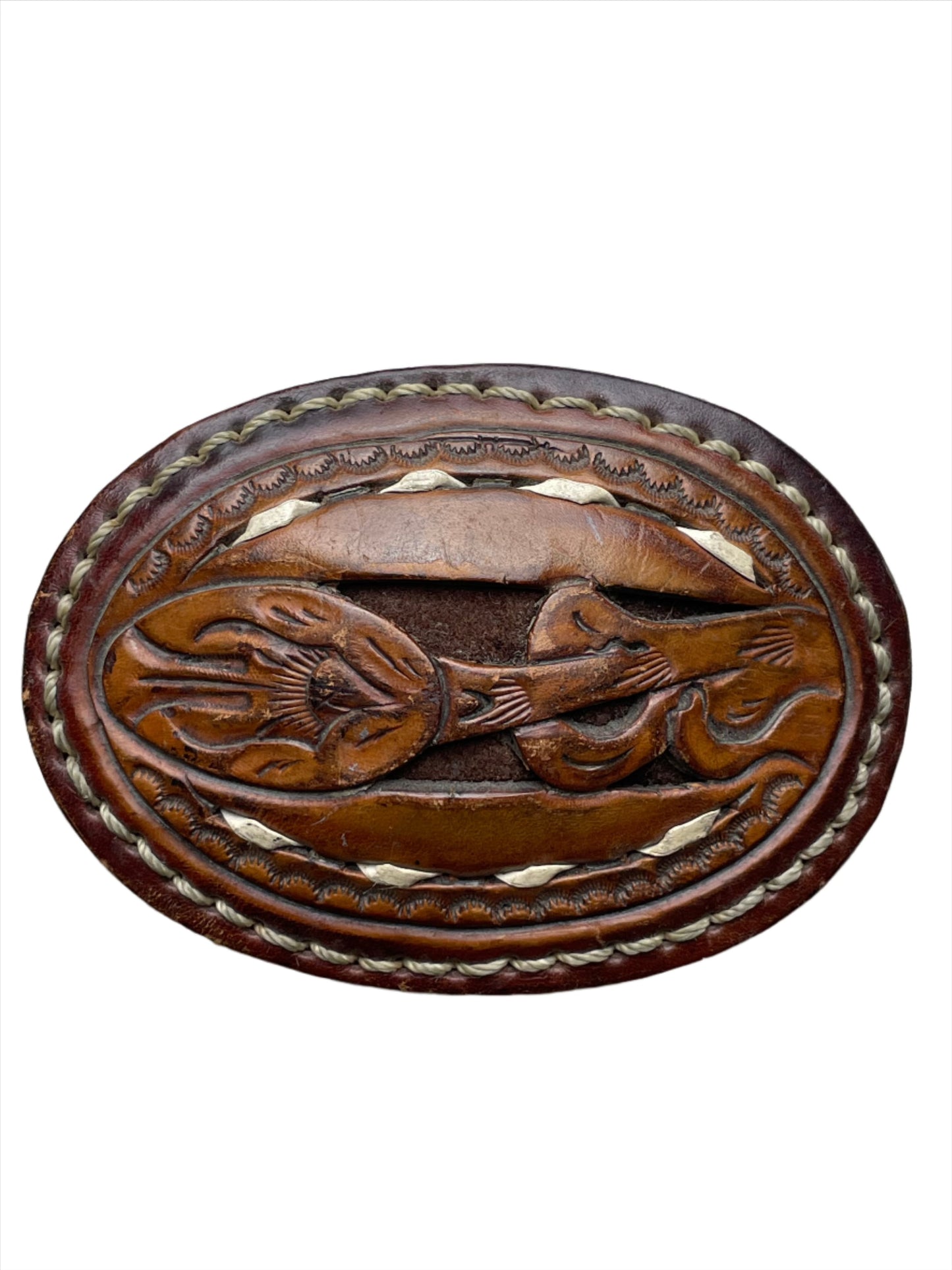 Vintage Brown Tooled Leather Vine Buckle