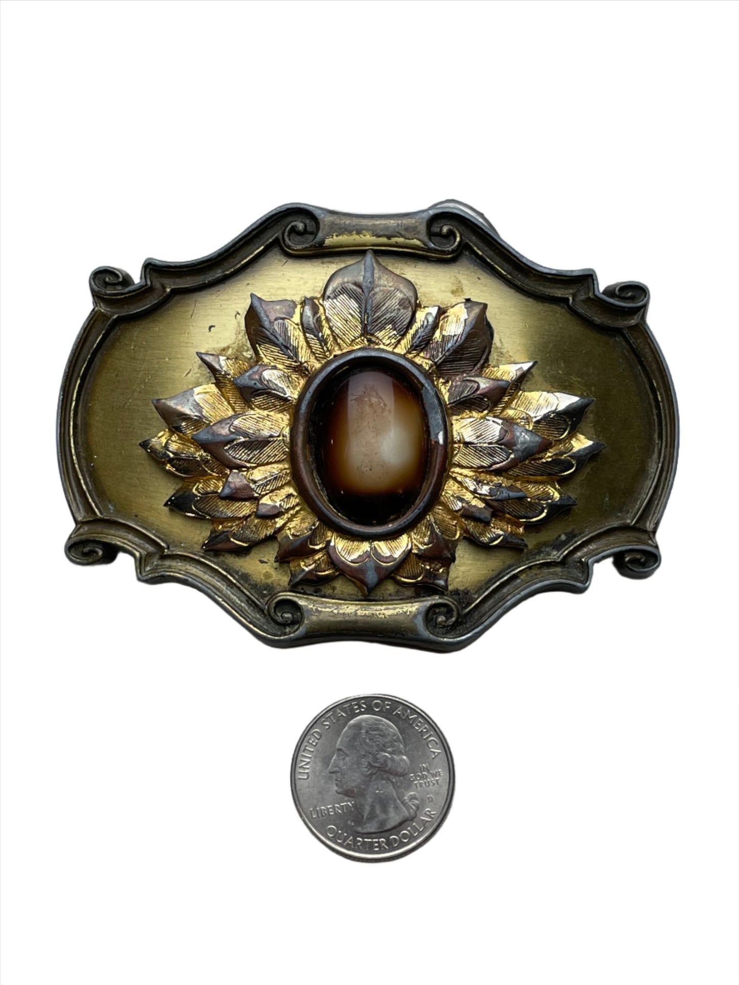 '78 Vintage Brass Flower with Tiger's Eye Belt Buckle