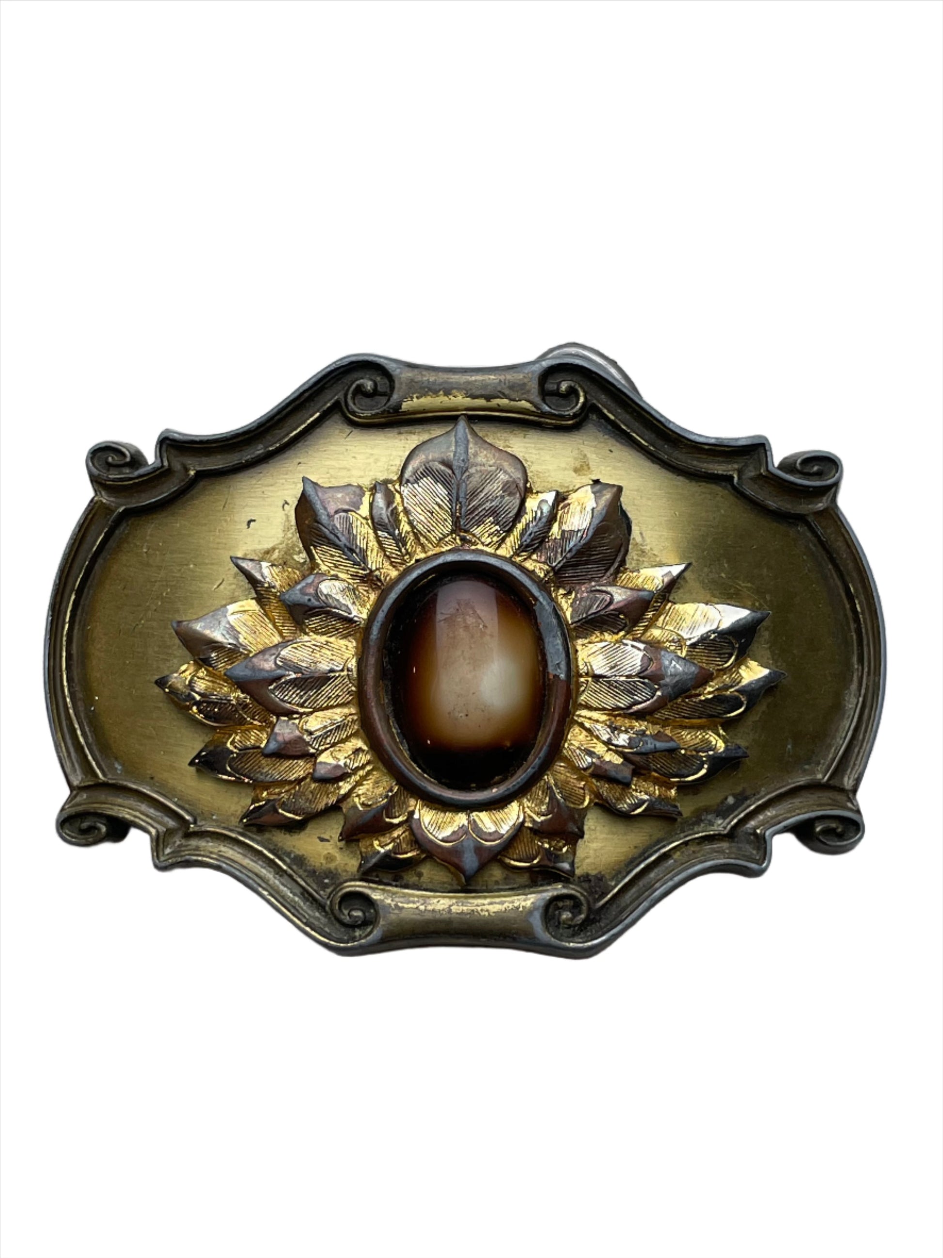 '78 Vintage Brass Flower with Tiger's Eye Belt Buckle