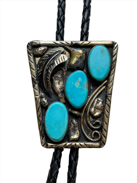 Vintage Rectangle Silver Plated Bolo Tie w/Three Turquoise Stones