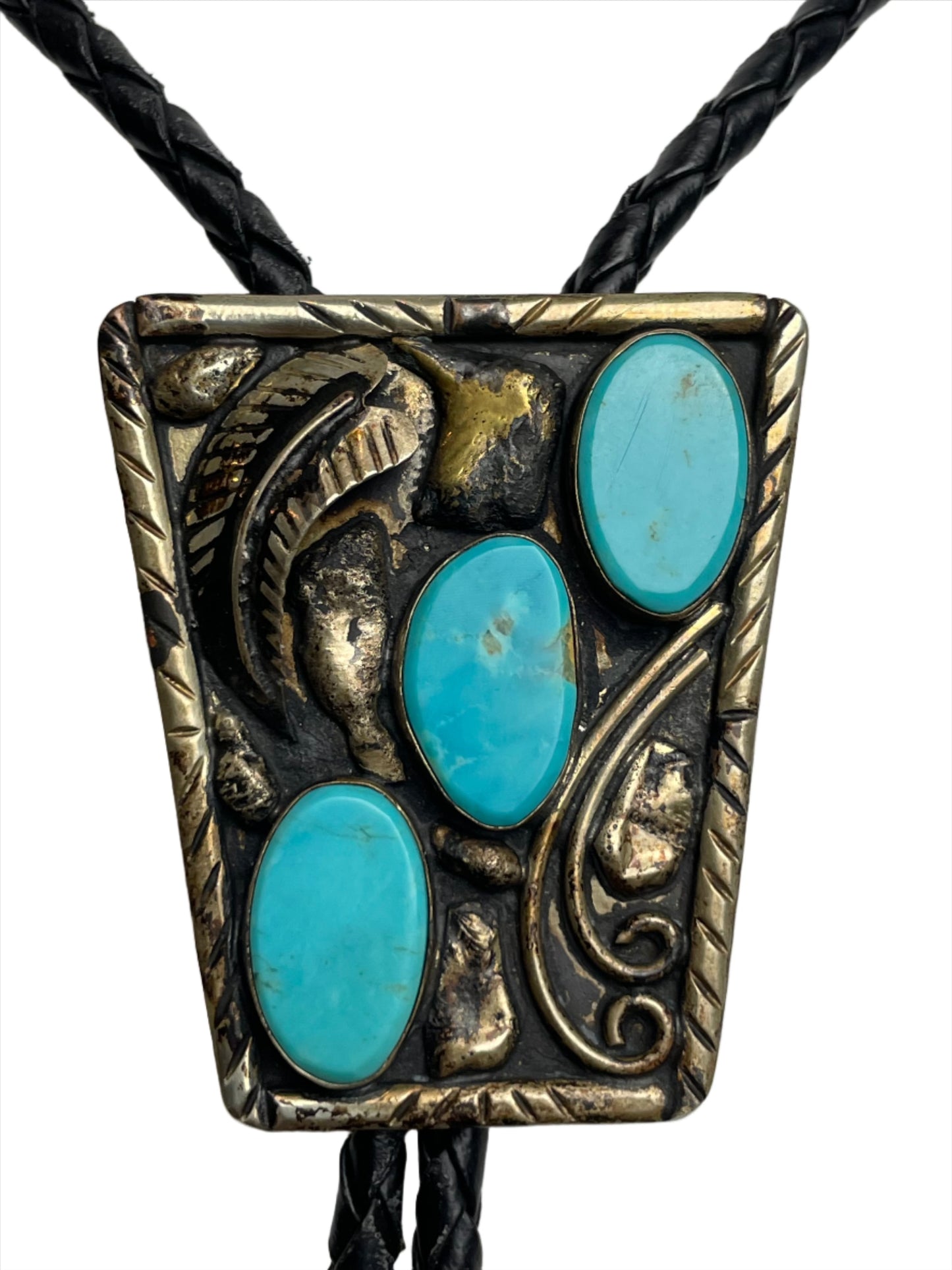 Vintage Rectangle Silver Plated Bolo Tie w/Three Turquoise Stones