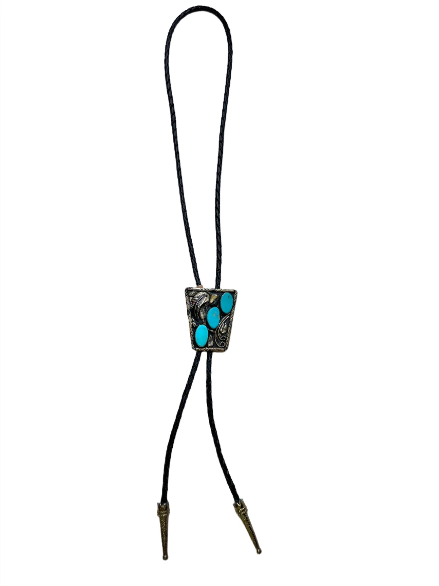 Vintage Rectangle Silver Plated Bolo Tie w/Three Turquoise Stones