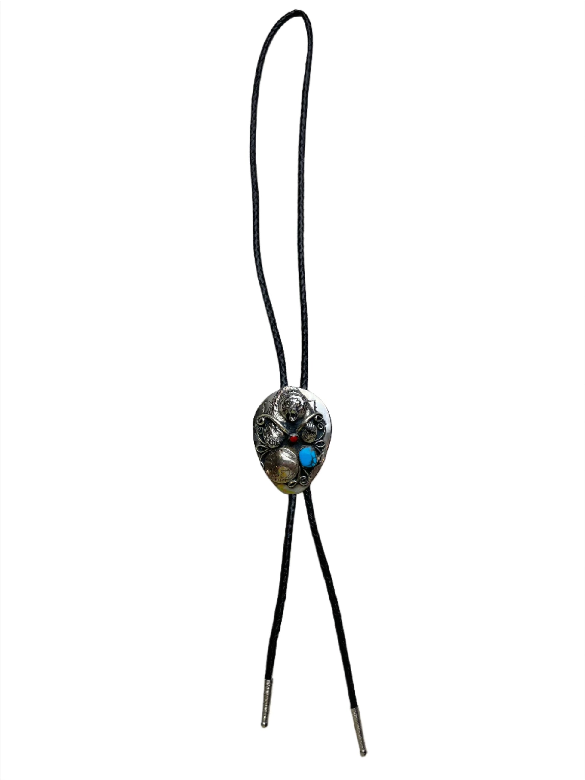 Vintage Bear, Buffalo Nickel, Turquoise & Coral Sterling Bolo Tie