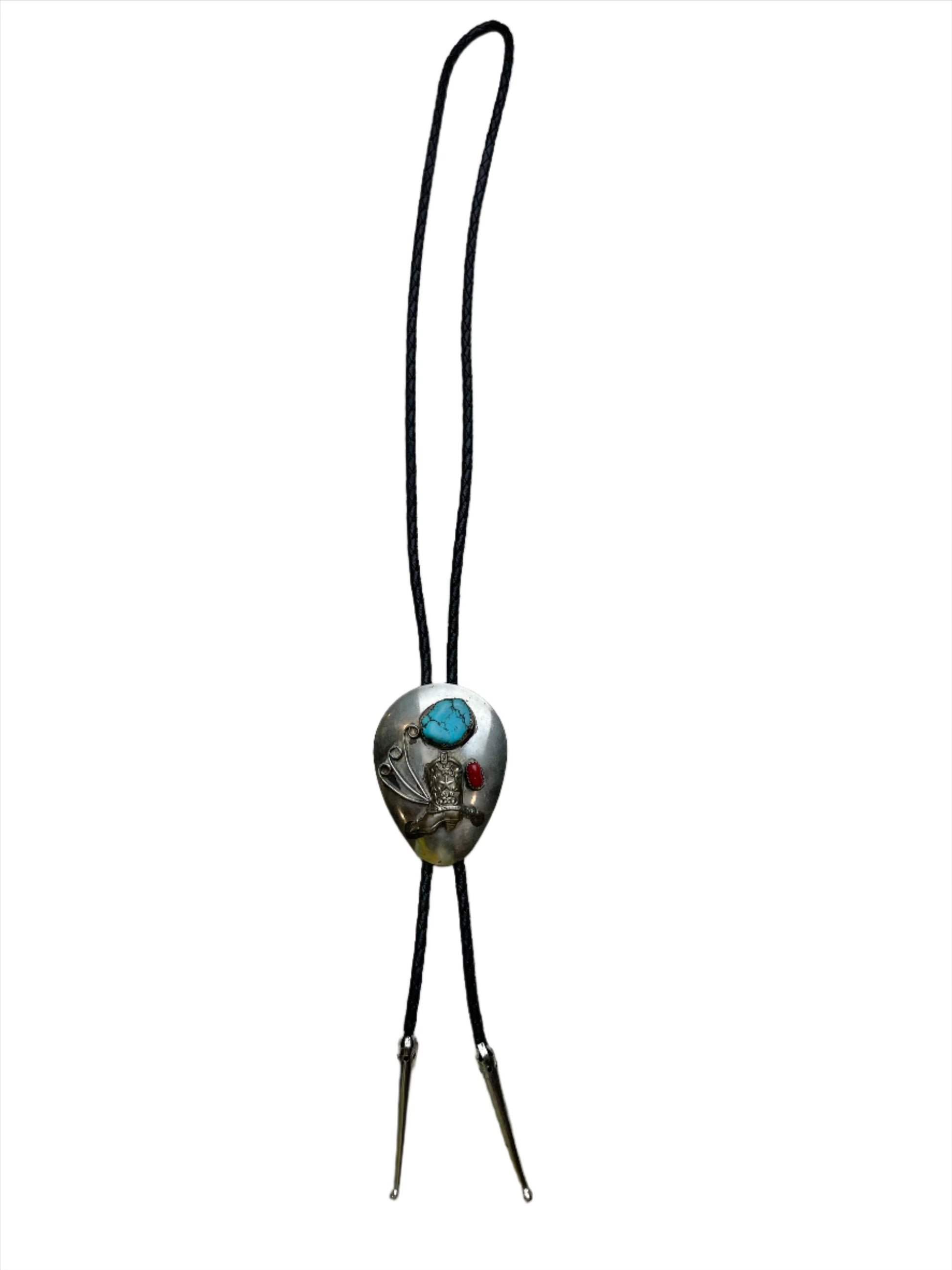 Vintage Turquoise & Coral Cowboy Boot Sterling Bolo Tie