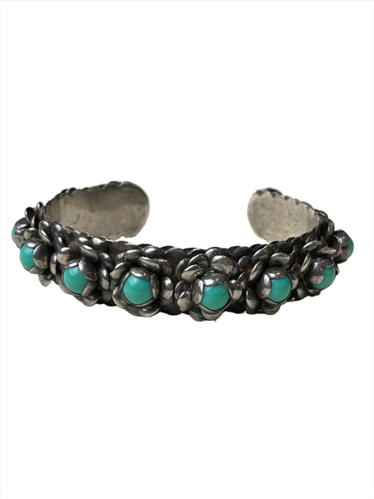 Vintage Sterling Silver Cuff w/Turquoise Flowers