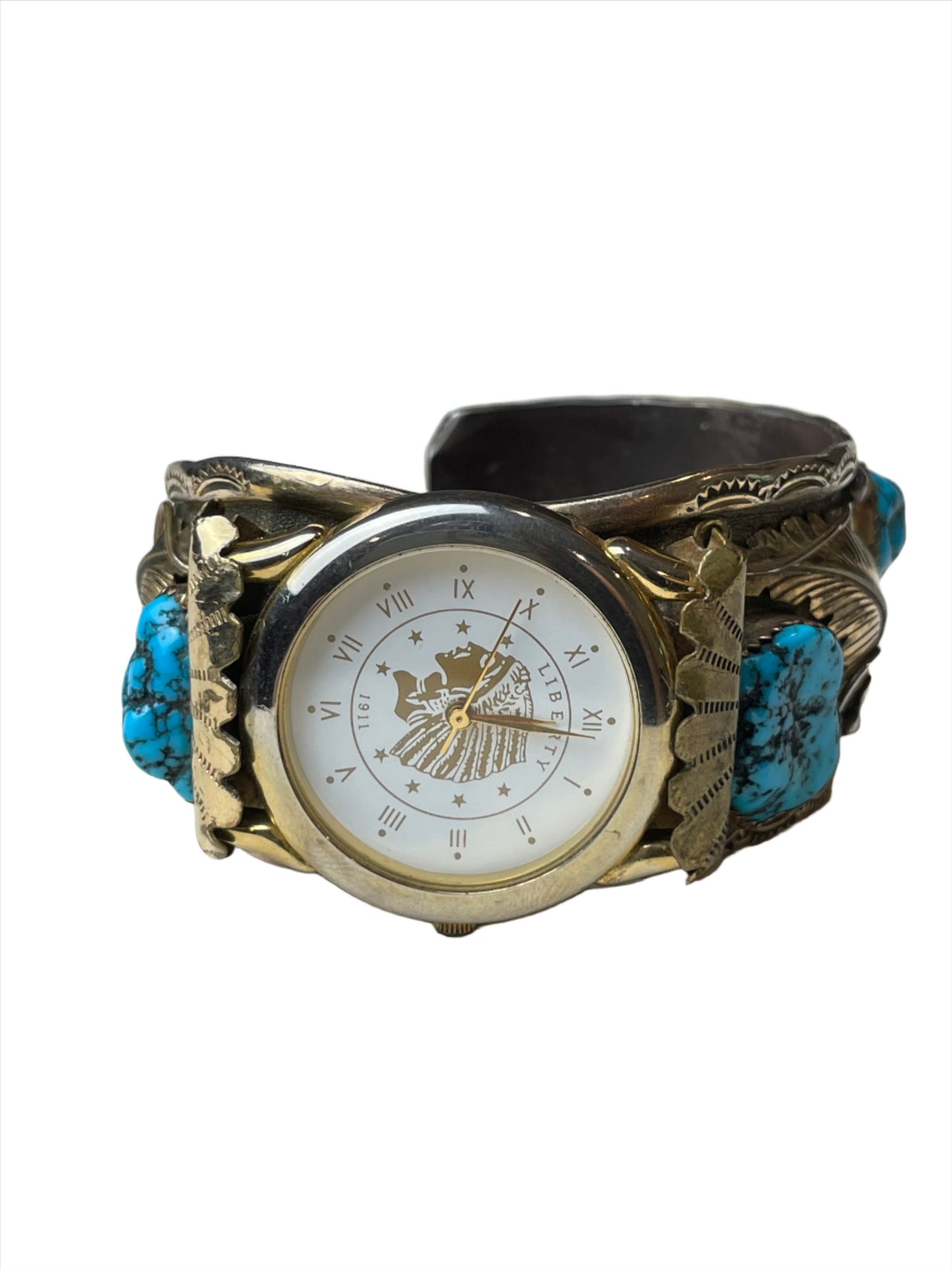 Vintage Gold Plated Watch w/Turquoise & Gold Leaf Detail