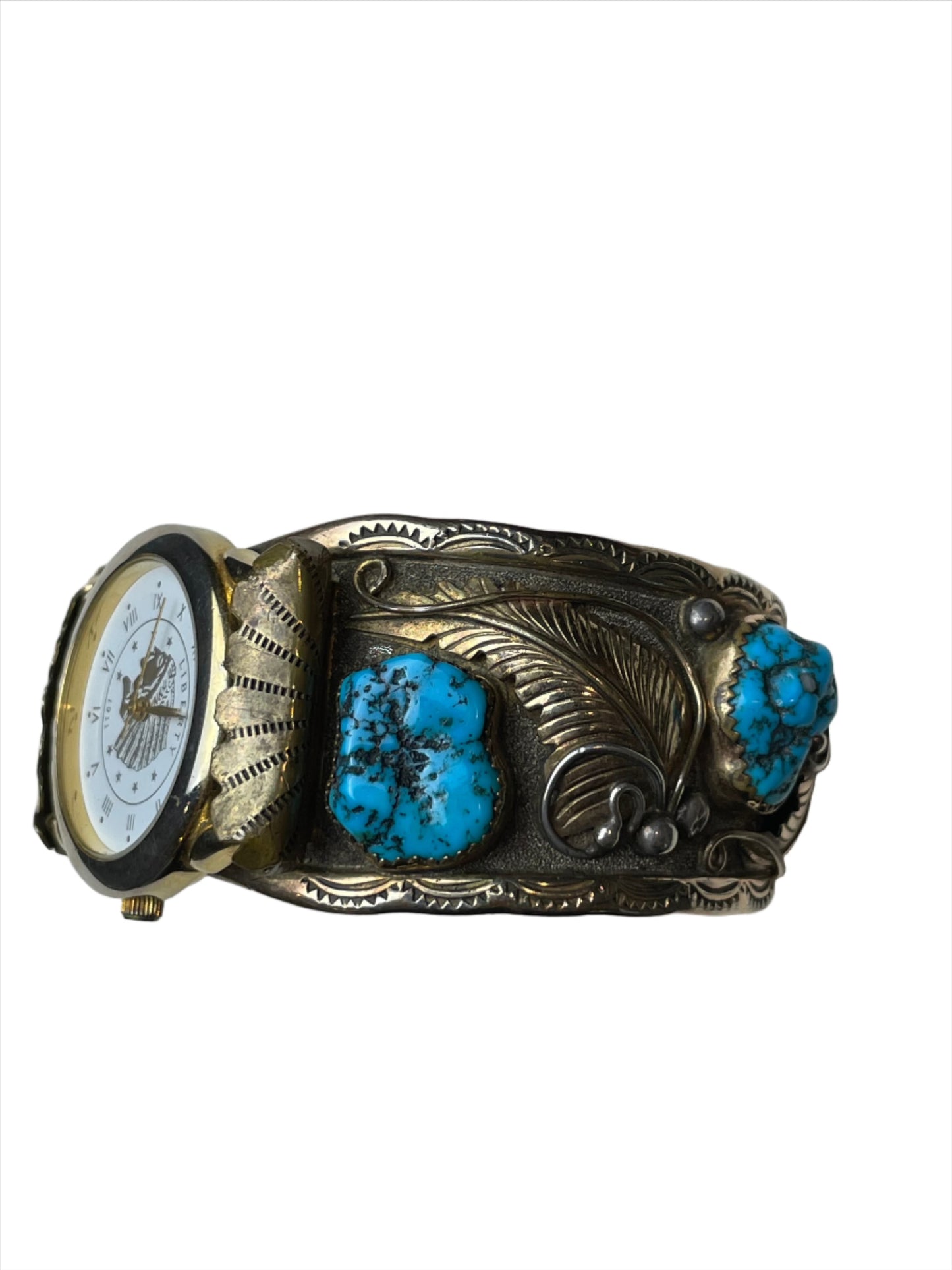 Vintage Gold Plated Watch w/Turquoise & Gold Leaf Detail