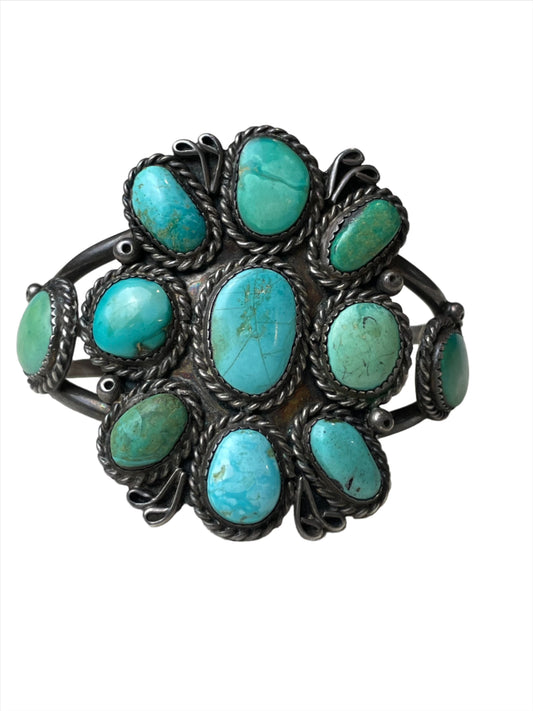 Vintage Kingman Turquoise Large Flower Sterling Cuff