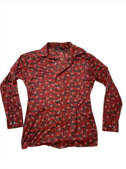 '70s Vintage Burgundy Abstract Polyester Button Down - Med