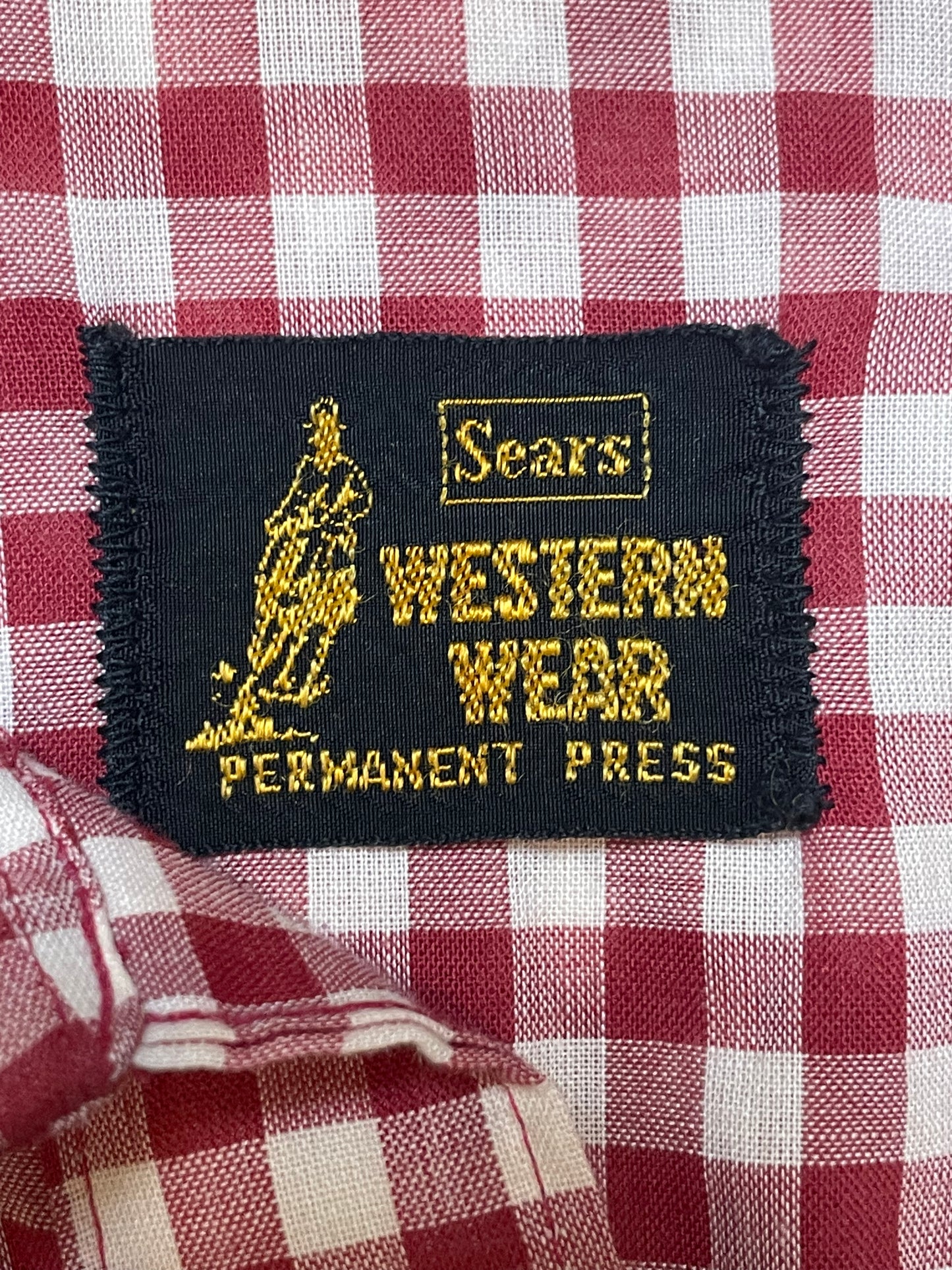 '70s Vintage Sears Western Wear Burgundy & White Gingham Pearl Snap