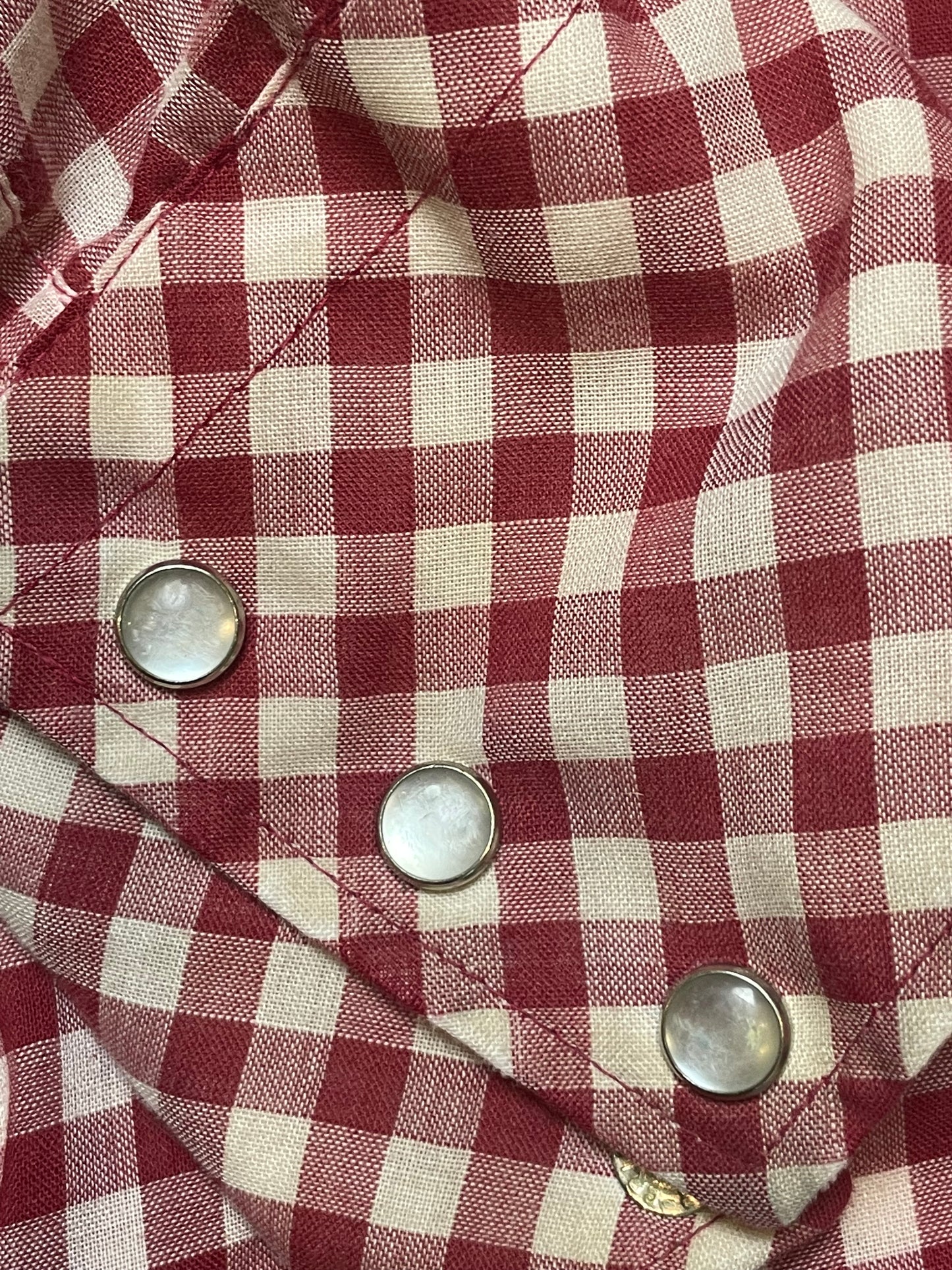 '70s Vintage Sears Western Wear Burgundy & White Gingham Pearl Snap