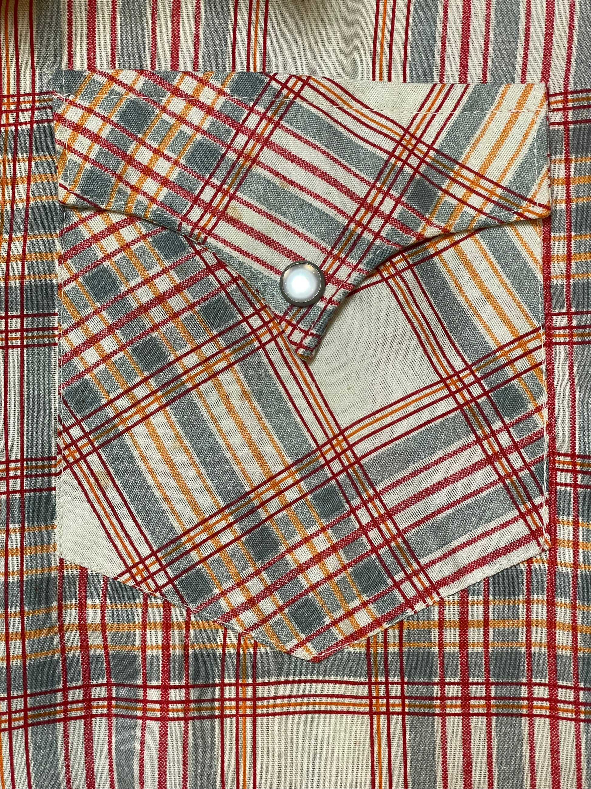 '70s Vintage H Bar C Plaid Sage/Red Pearl Snap - Lrg