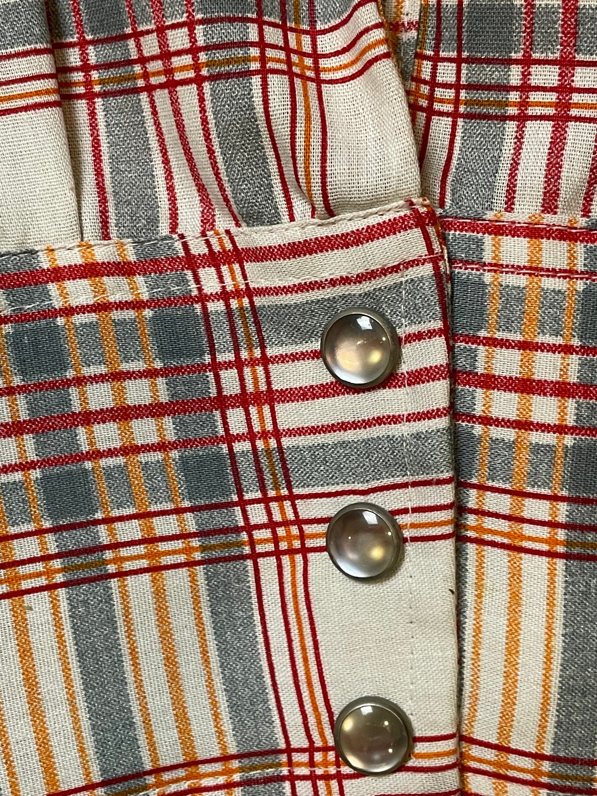 '70s Vintage H Bar C Plaid Sage/Red Pearl Snap - Lrg