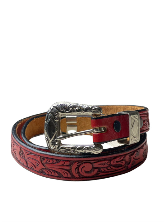 Red Western Tooled Leather Skinny Belt - XS/SM