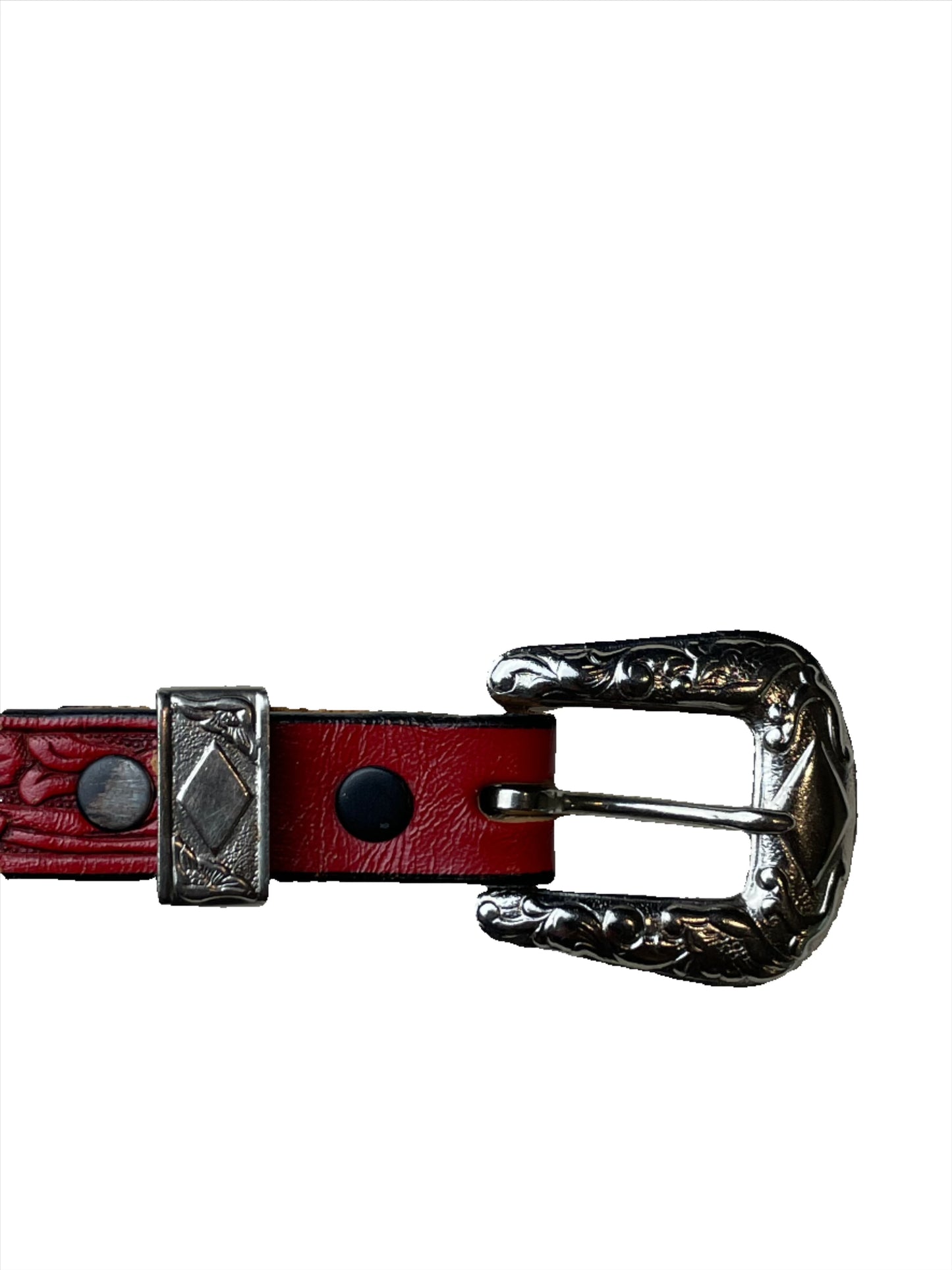 Red Western Tooled Leather Skinny Belt - XS/SM