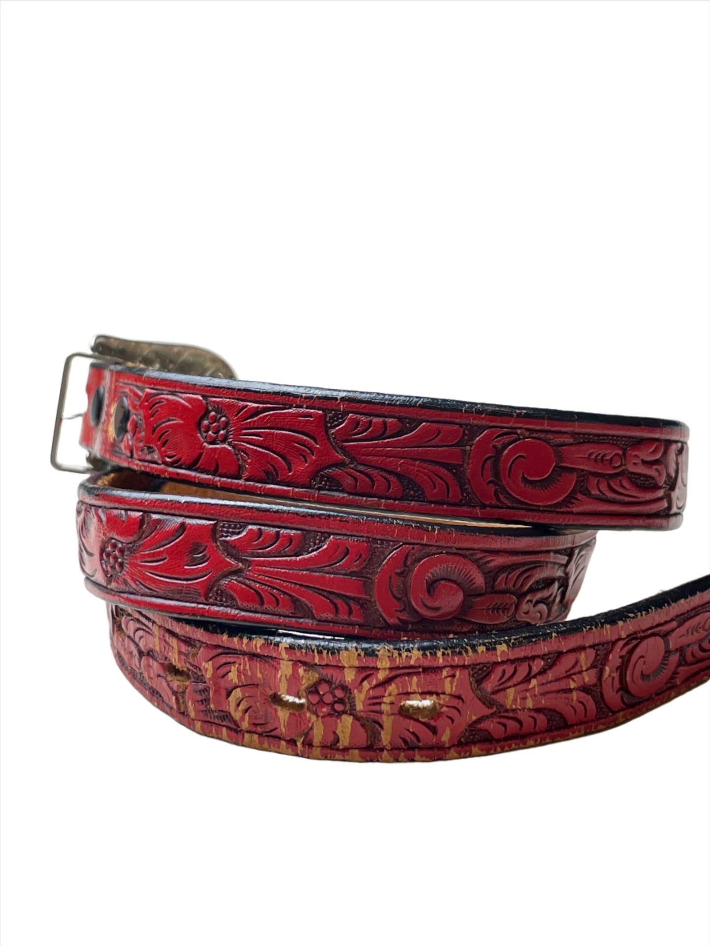 Red Western Tooled Leather Skinny Belt - XS/SM