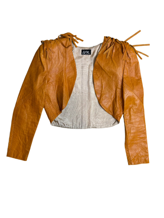 '80s Vintage Leather Brwn Fringe Crop Jkt - SML