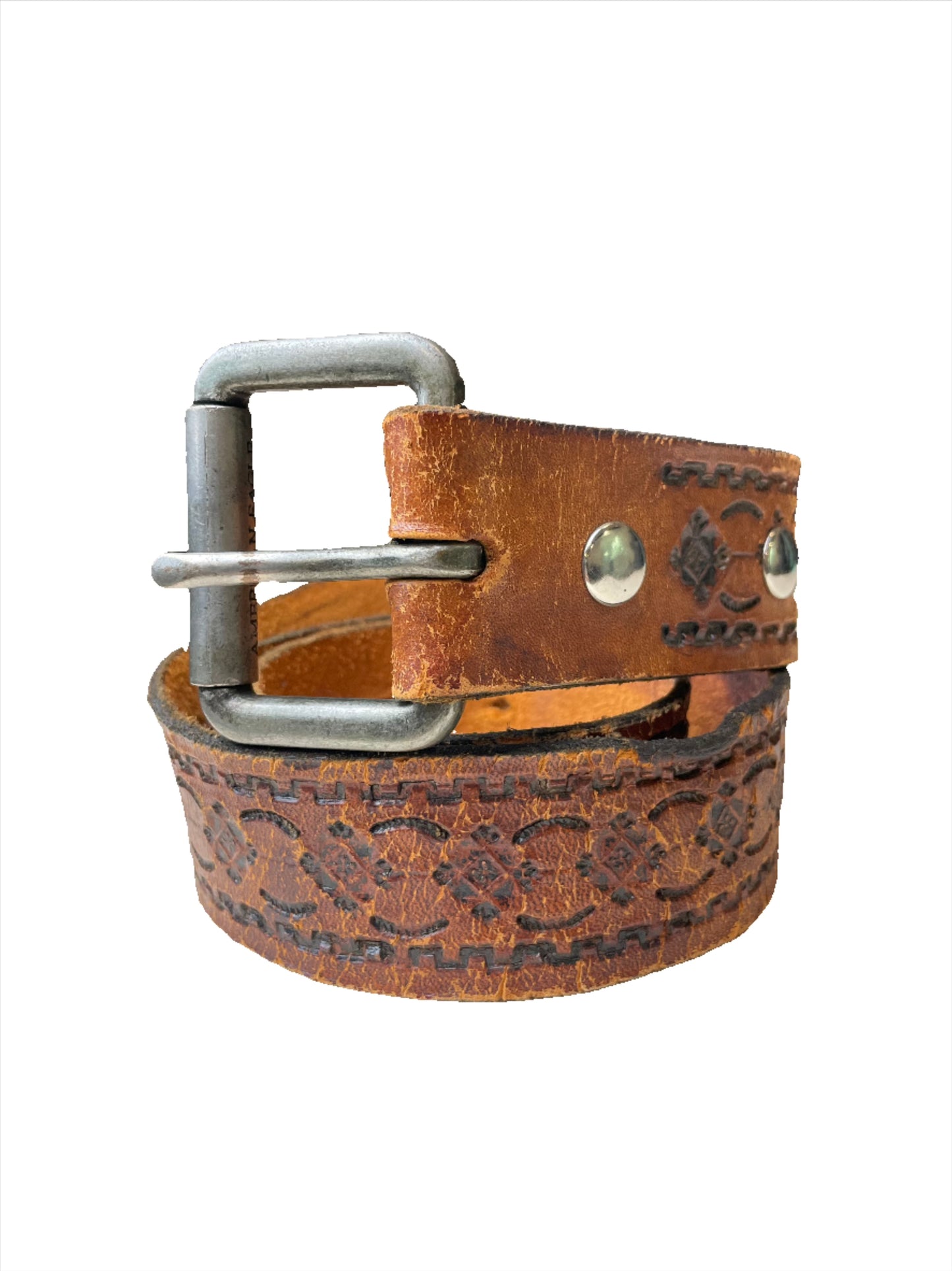 Vtg Brown Floral Stamped Leather Belt - Sz 36