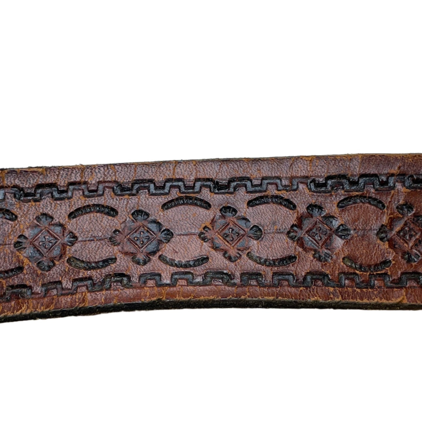 Vtg Brown Floral Stamped Leather Belt - Sz 36