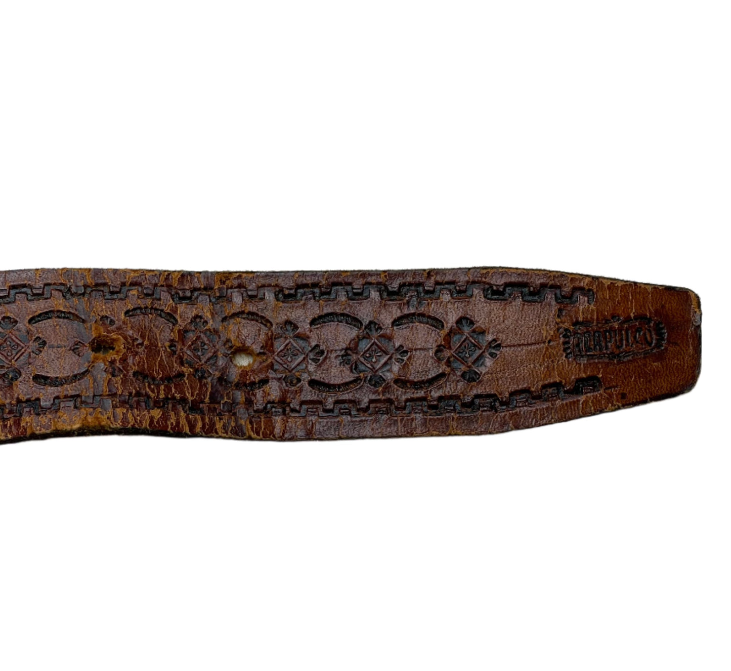 Vtg Brown Floral Stamped Leather Belt - Sz 36