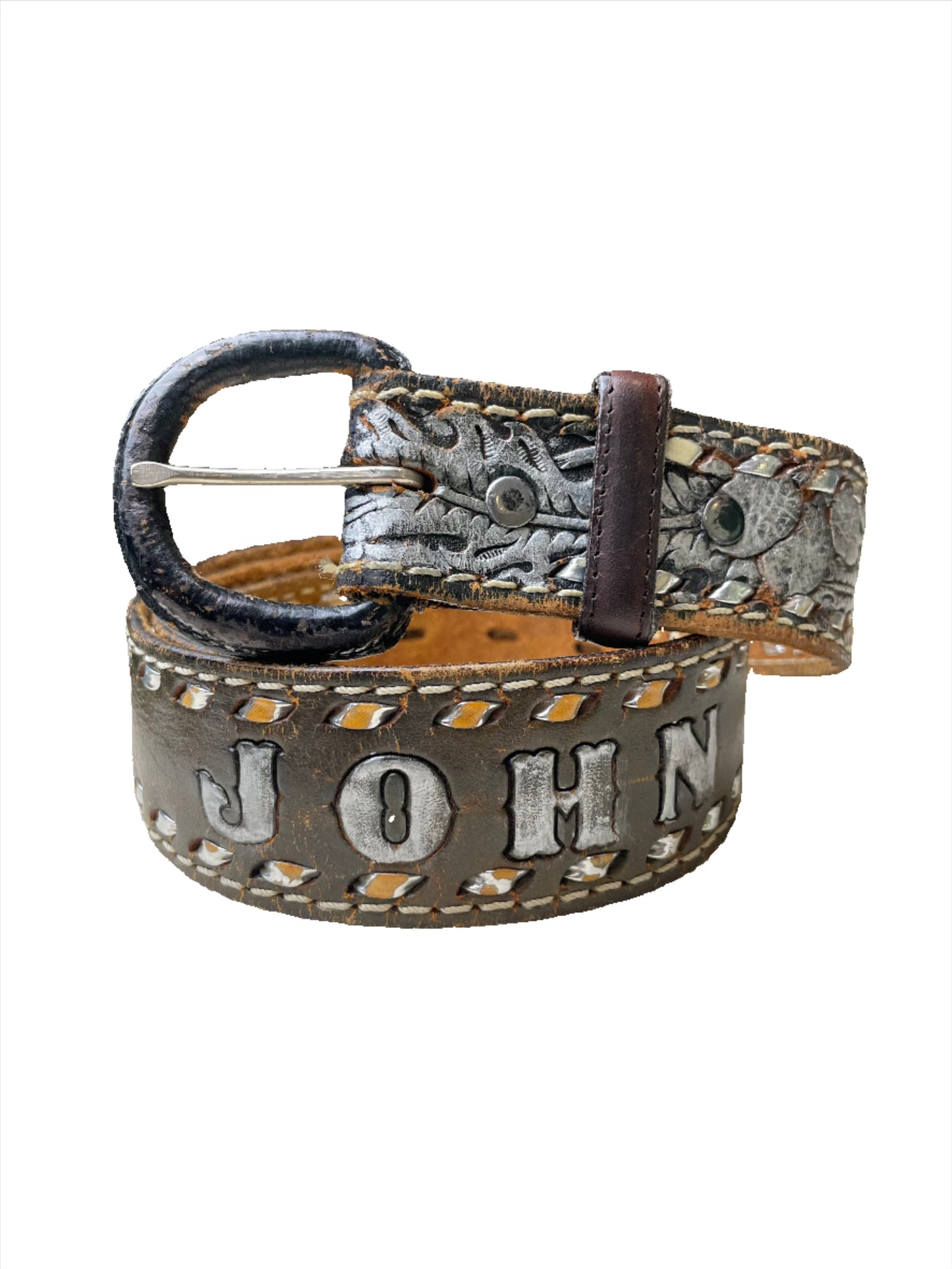 Vtg "John" Tooled Leather Belt w/Silver Paint - Sz 38