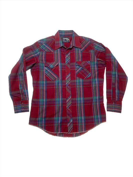 '80s Vintage Wrangler Red/Blue Plaid Pearl Snap - XL