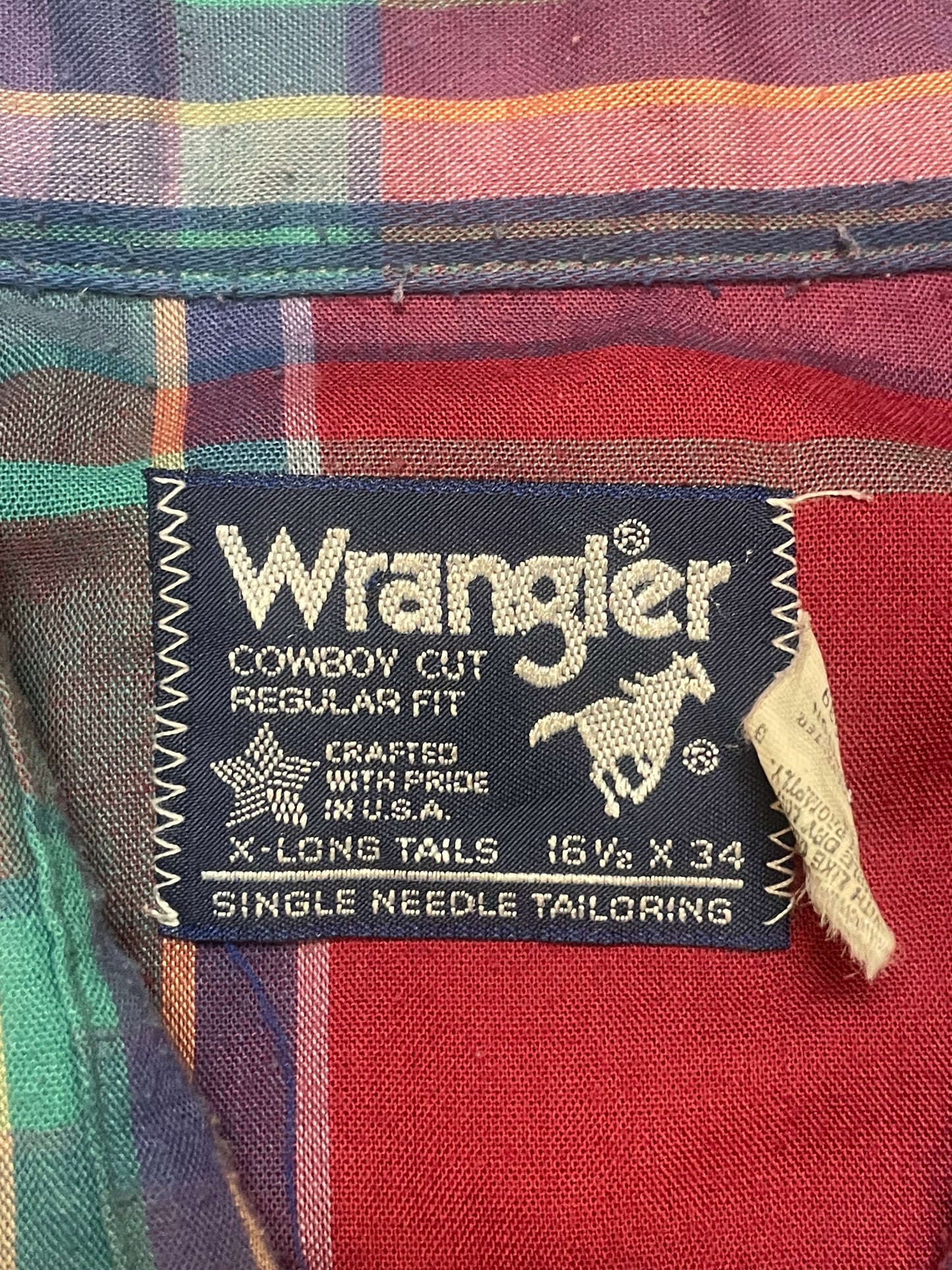 '80s Vintage Wrangler Red/Blue Plaid Pearl Snap - XL