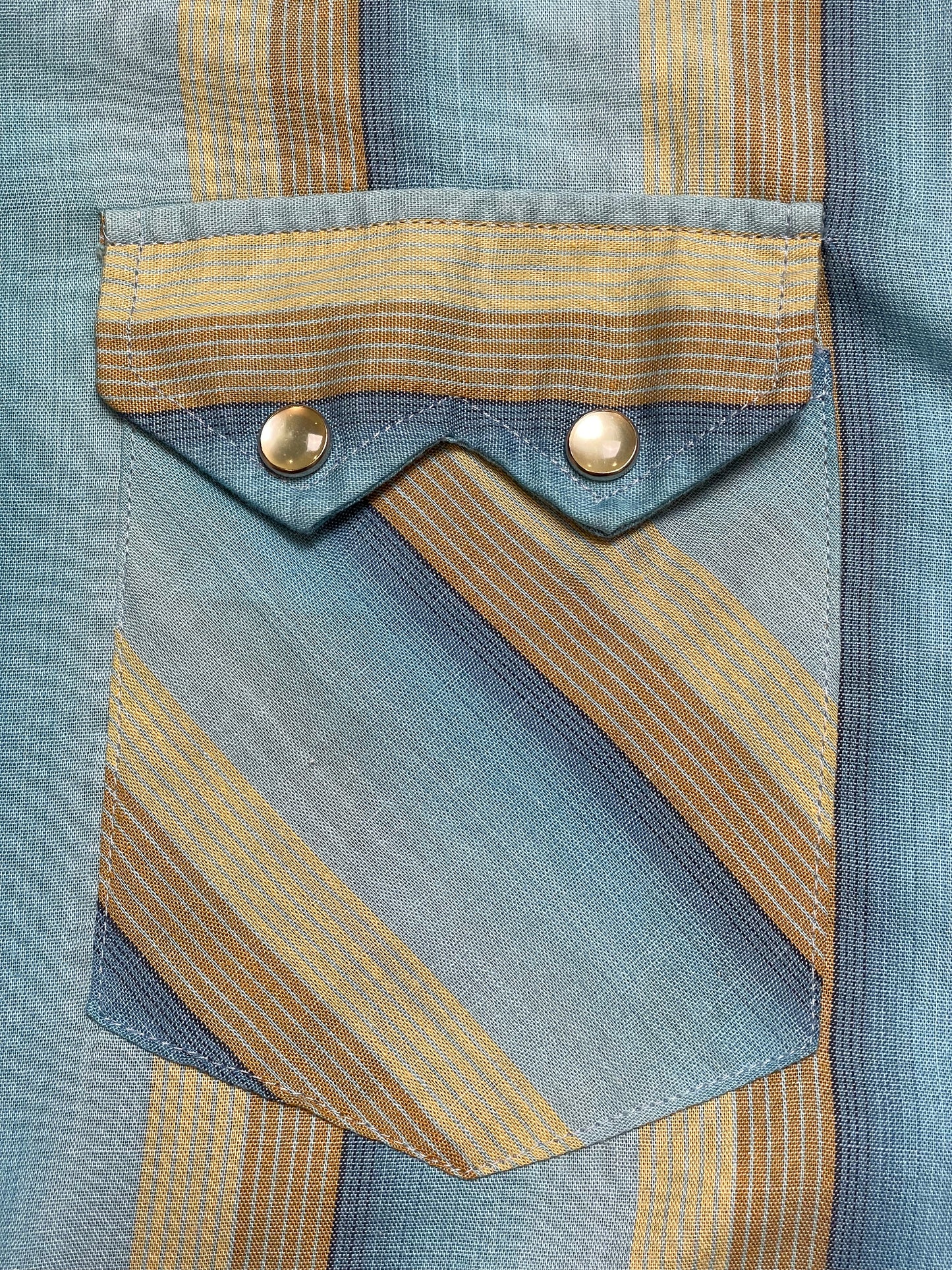 '70s Vintage Blue/Gold Striped Pearl Snap - Med