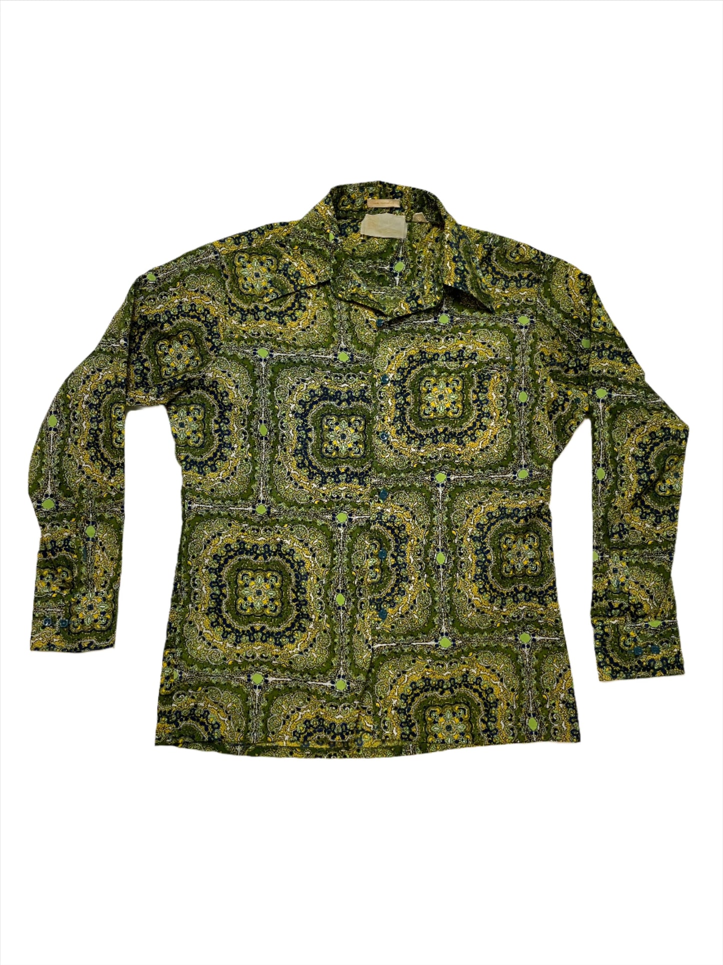 '70s Vintage Green Psych Print Poly Shirt - XL